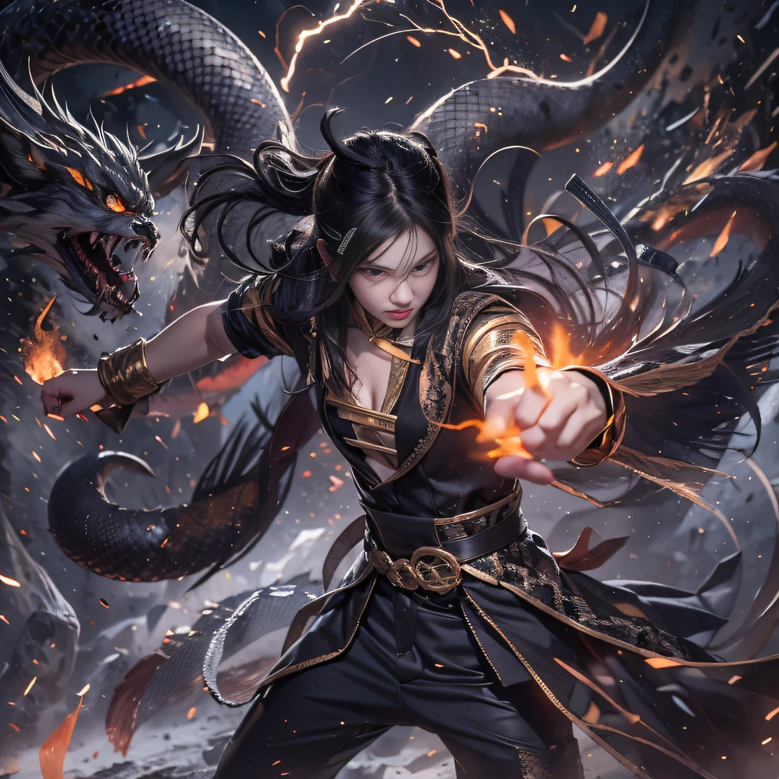 (废墟)eyes filled with angry,He clenched his fists,Rush up,Deliver a fatal blow to your opponent,full bodyesbian,Full Body Male Mage 32K(tmasterpiece,k hd,hyper HD,32K)Long flowing black hair,Campsite size,zydink, a color, patriot (废墟), (Linen batik scarf), Angry fighting stance, looking at the ground, Batik linen bandana, Chinese python pattern long-sleeved garment, (Abstract propylene splash:1.2), Dark clouds lightning background,Flour flies(realisticlying:1.4),Black color hair,Flour fluttering,Background fog, A high resolution, the detail, RAW photogr, Sharp Re, Nikon D850 Film Stock Photo by Jefferies Lee 4 Kodak Portra 400 Camera F1.6 shots, Rich colors, ultra-realistic vivid textures, Dramatic lighting, Unreal Engine Art Station Trend, cinestir 800,Flowing black hair,(((Male mage))),The male mage was furious,