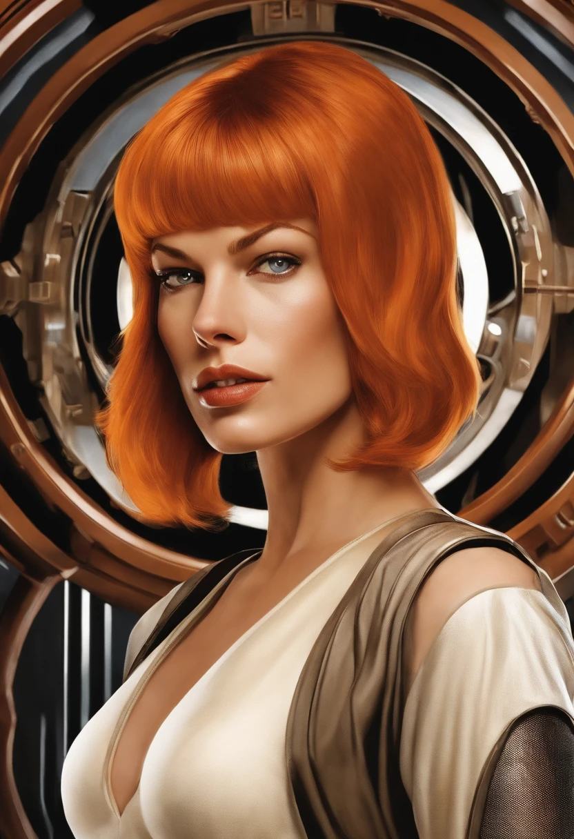 Mila Jovovich in the fifth element, no background, Face and shoulder, GTA illustration style, orange hair color, 20years old