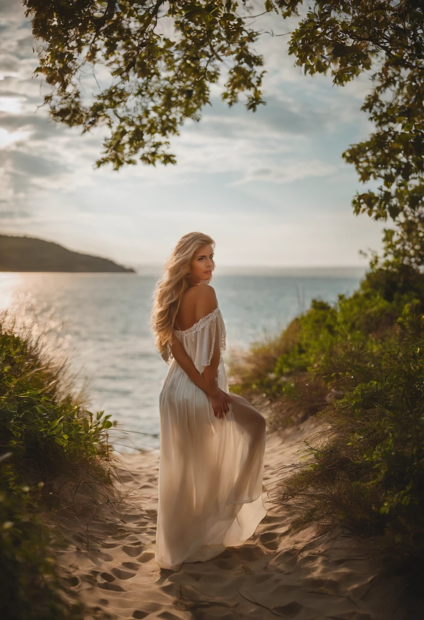 Create realistic photos of 18-year-old girls with blonde hair (Longitud hasta los hombros), cara linda, todo el cuerpo, cuerpo delgado, piernas bien formadas, tobillos delgados, cintura delgada, ojos verdes y pechos grandes, She is completely naked, she is on the beach.