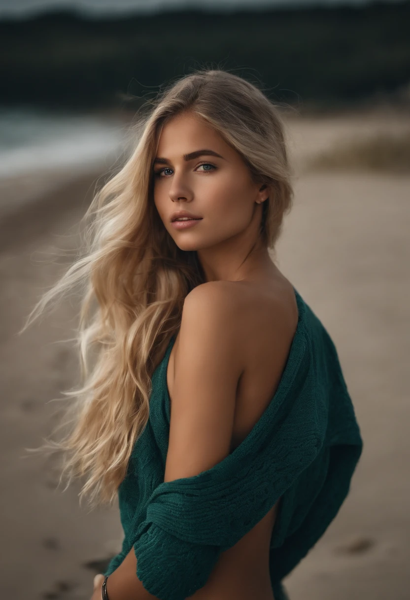 Create realistic photos of 18-year-old girls with blonde hair (Longitud hasta los hombros), cara linda, todo el cuerpo, cuerpo delgado, piernas bien formadas, tobillos delgados, cintura delgada, ojos verdes y pechos grandes, She is completely naked, she is on the beach.