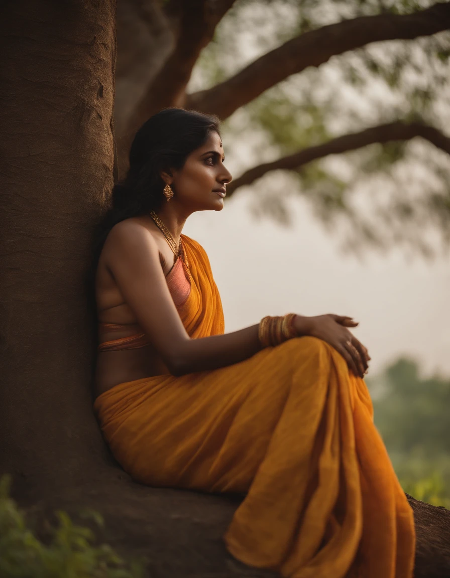 Naked Indian woman wearing saree sitting under a tree, revealing her pussy, 4k, high quality
