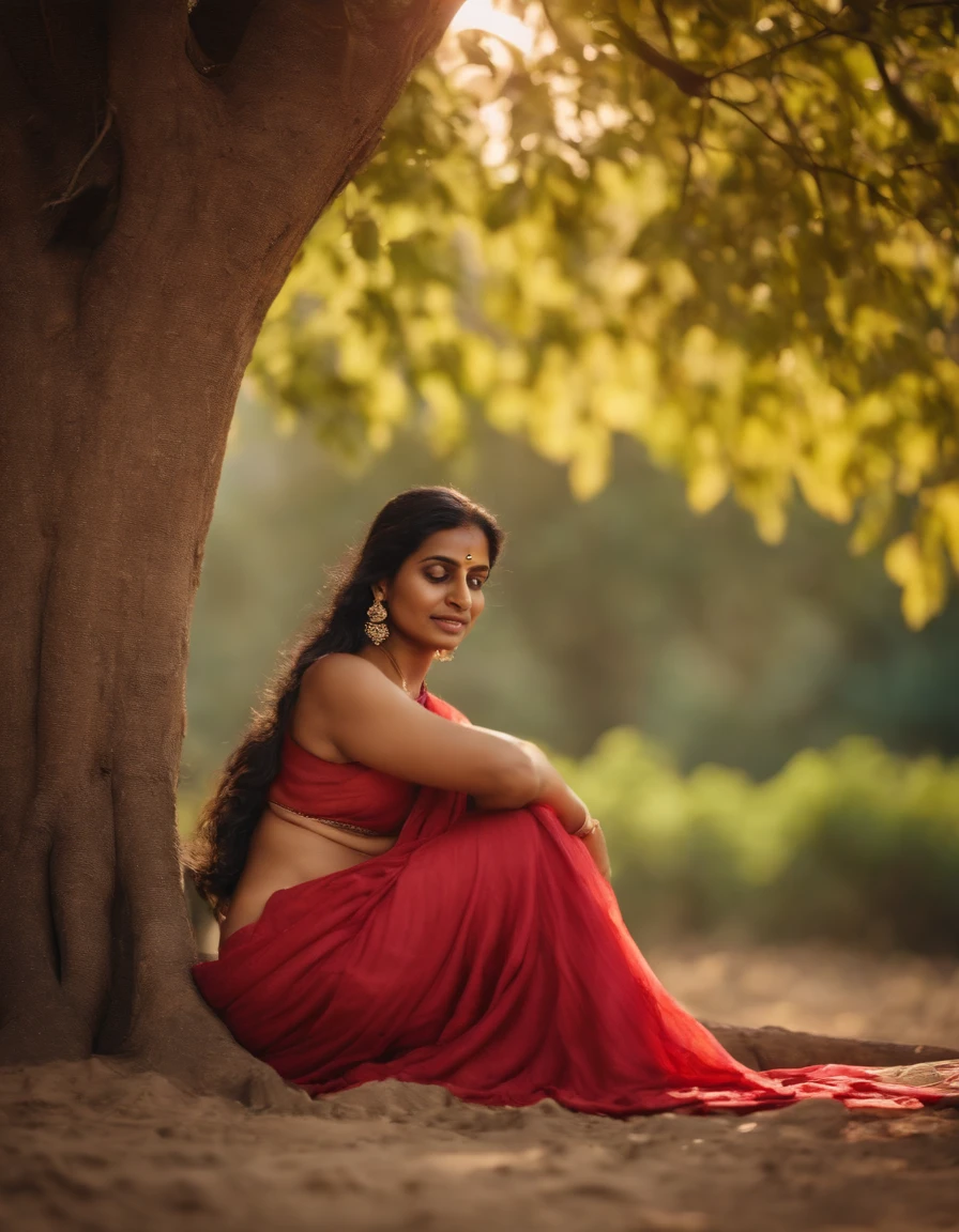 Naked Indian woman wearing saree sitting under a tree, revealing her pussy, 4k, high quality