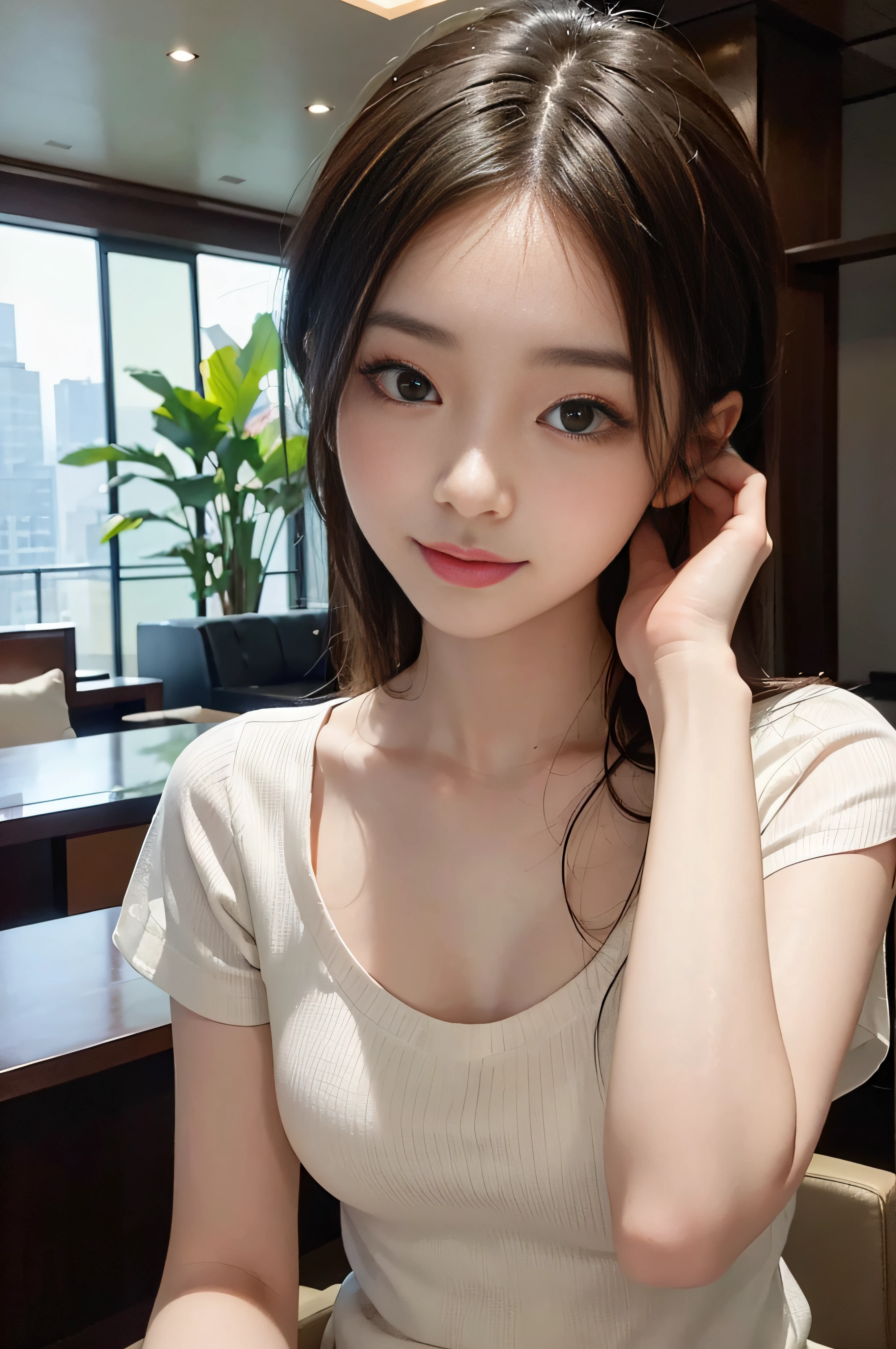 ​masterpiece、Top image quality:1.2、((beautiful young woman with))、Transparent skin:1.2、{A slight smil}、(kawaii)、Transparent short sleeve knit:1.2、luxury hotel、depth of fields、Sharp Focus:1.5、Fine details
