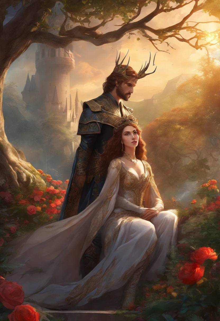 two characters, handsome relaxed black-haired Prince with a grin with elfin ears in a black Prince's fairy knight suit with a crown of thorns, serious beautiful woman with two brown middle-sized horns made from hair in a black strict queen dress in a thorn crown, they sit on black separate thrones that have red roses, above is tree's thick roots in form of the dome, they are in huge room with fairy crowd, European people, realism, very detailed faces, cinematographic style, above viewshiny great colors, high class clothes highly detailed, hdr, perfect, beyond imagination, 8K, global illumination, wide angle, god rays, dream world