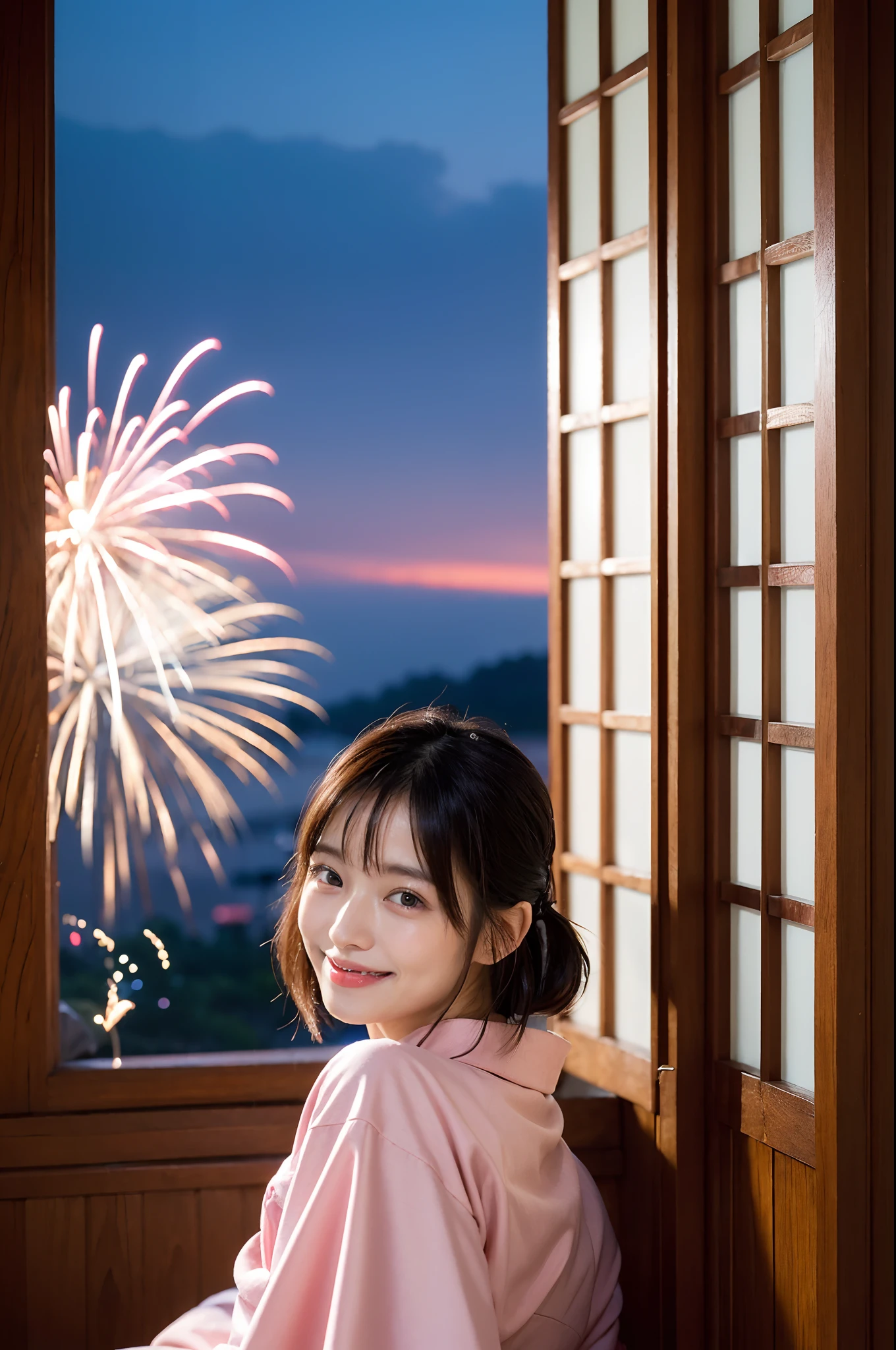 (natta:1.7), East Asian Architecture, 1womanl,Sitting on tatami mats, brunette color hair,(hair between eye), Lip flap, ,Beautiful fingers,Beautiful long legs,Beauty Body,Cute nose,Beautiful character design,perfect eyes,face perfect,looking at viewert,(Innocent_Big_Eyes:1.0),(light_Smile:0.3),offcial art,Very detailed CG Unity 8K wallpaper,Perfect litthing,highly colorful,Bright_front_Face_Lighting,(tmasterpiece:1.0),(best_quality:1.0), 超A high resolution, nffsw, hight resolution, absurderes:1.2, Kodak Portra 400, film grains, the background is blurred, Bokeh:1.2, Lens Flare Glow, ( Vibrant_Color:1.2) (Beautiful,Large_breasts:1.4), (Beautiful_Face:1.5),(narrow_waist-up),8K,Raw photo, 、Relax at a ryokan in Japan、(Girls are not subjects:1.3) (Hair after a bath:1.3),(Hair is wet:1.3) ((Girls are not subjects:1.2)),(((Yukata does not need gloss at all:1.5))),((No need for a Korean yukata or Korean-style hairstyle.:1.5)),((Faithfully and realistically reproduce a pure Japan yukata:1.5))((Light Pink Band:1.3)),((The background is the entrance living room、At night, Overlooking the inn's large and beautiful gardens..:1.3)),((8th class))、((Light Pink Band:1.5)) ((Beautiful straight semi-long:1.5)) sixteen years old、((Beautiful straight semi-long:1.5))((Pink Band))、((The color of the yukata is pink:1.3),(Faithfully and realistically reproduce the obi of a yukata:1.3) ((Faithfully and realistically reproduce a pure Japan yukata:1.5)),((Walking through the corridors of the inn at night:1.3))((Background width and depth:1.3)),Night Hostel There are small lights and flowers in the hallway. (When the window is fully open, Beautiful fireworks can be seen outside.:1.3) sixteen years old、((Beautiful straight semi-long:1.5))((Window lattices must be large、Faithful and accurate reproduction of Japan windows:1.5))((When the window is fully open、You can see beautiful night fireworks.)) ((Faithfully reproduces the dark pink yukata obi:1.3)) (Colossal tits)((Open window completely、Admire