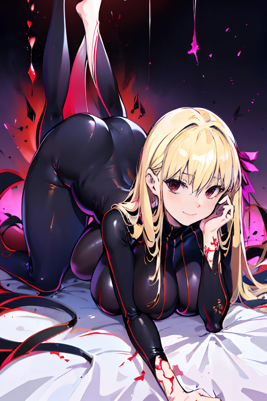 Anime style face a blond Black full body suit Red lines all over the body huge tit Big ass Whip thighs bare-legged seductiv a smile succubus Lying face down