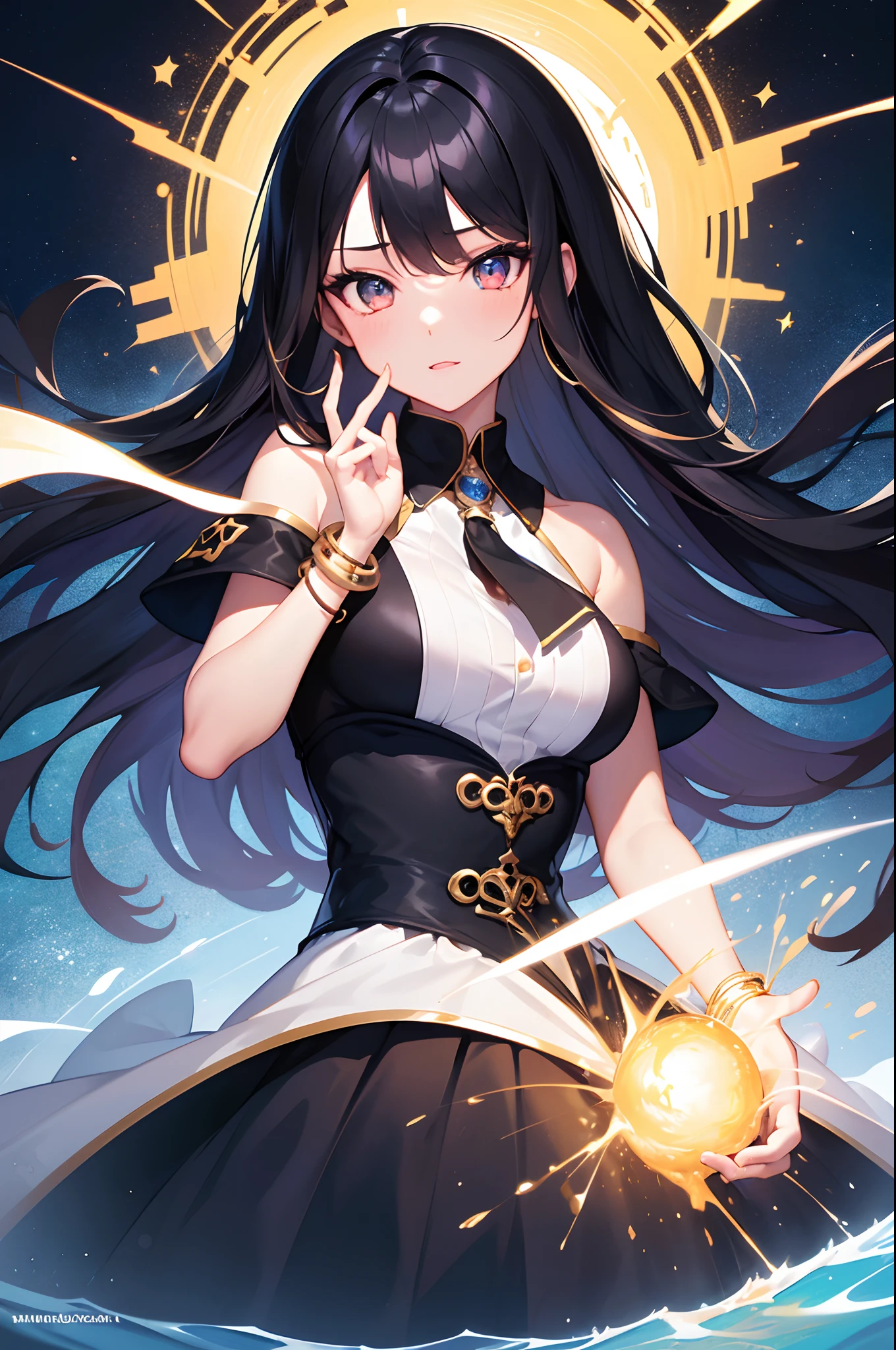 One twenty year old girl, long black hair, using fire water lightning, bluerry background, High Quality Model, magician uniform, dynamique, vibrant, beautifull face, high detail eyes, artwork, nothing absurd, perfect hands and fingers, looking at audiance, nijistyle, golden 3 parts bracelet (masterpiece, highly detailled)