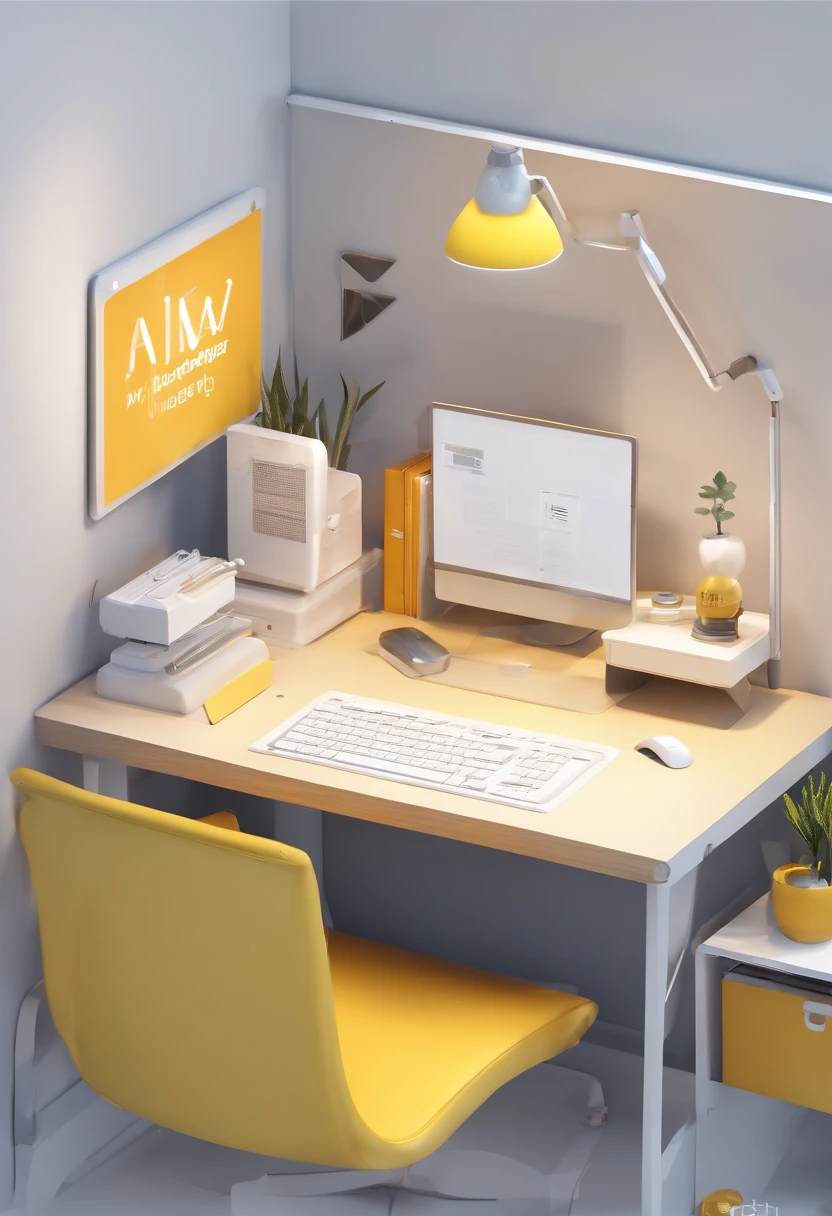 (a web developer working desk in white background), futuristic, simple shading, white background, yellow color, grey color, navy color, white color, headphone, laptop, desk, chair, paper, monitor, laptop, keyboard, low-poly render, cute style, front-top view