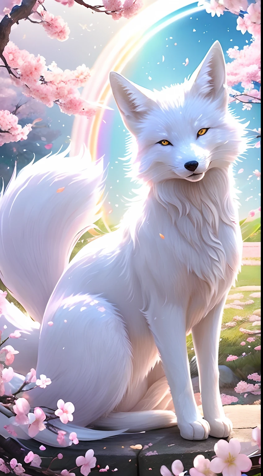 White fox、Pink cherry blossom tree、flower petals、the wind、Deities、Fantasia、myth、hightquality、ighly detailed、masterpiece、epic poem、Particle effect、Dynamic effects、Sun in the background、There is a rainbow、White fox
