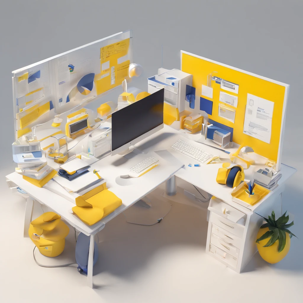 (a web developer working desk in white background), futuristic, simple shading, white background, yellow color, grey color, navy color, white color, headphone, laptop, desk, chair, paper, monitor, laptop, keyboard, low-poly render, cute style, front-top view