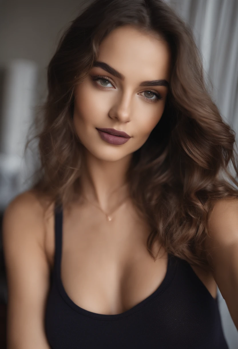 Arafed woman with matching tank top and panties, fille sexy aux yeux bruns, Portrait Sophie Mudd, cheveux bruns et grands yeux, selfie of a young woman, Yeux de chambre, Violet Myers, sans maquillage, maquillage naturel, looking straight at camera, Visage avec Artgram, Maquillage subtil, Superbe photo du corps entier, dans la chambre, clivage, des fesses moyenne