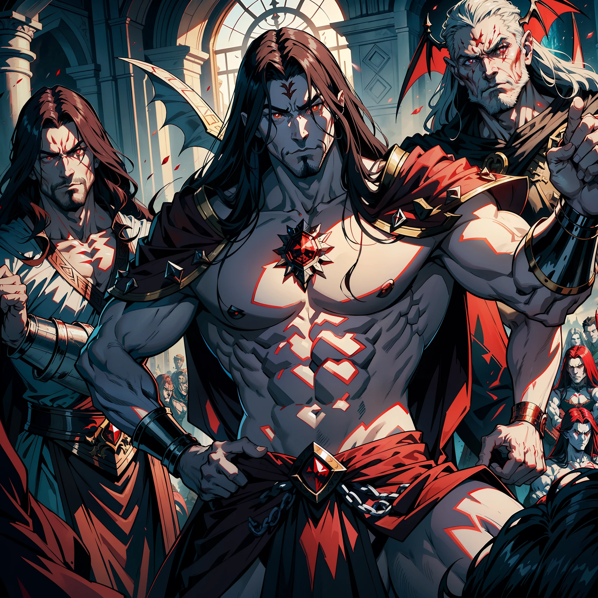 Lord Dracula muscular handsome warrior long hair white red eyes medieval crystal back to his castle Victorious with his troops demon armed at noon hyper realistic super detailed dynamic shot centerpiece cinematic scene scenes epic movie Legendary correct proportions Anatomy correct poses hyper realistic super detailed