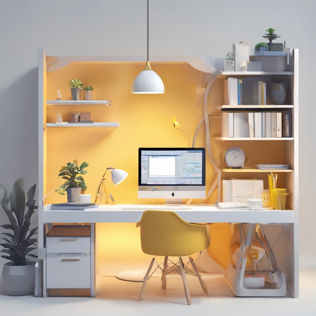 (a web developer working desk in white background), futuristic, simple shading, white background, yellow color, grey color, navy color, white color, headphone, laptop, desk, chair, paper, monitor, laptop, keyboard, low-poly render, cute style, front-top view, simple