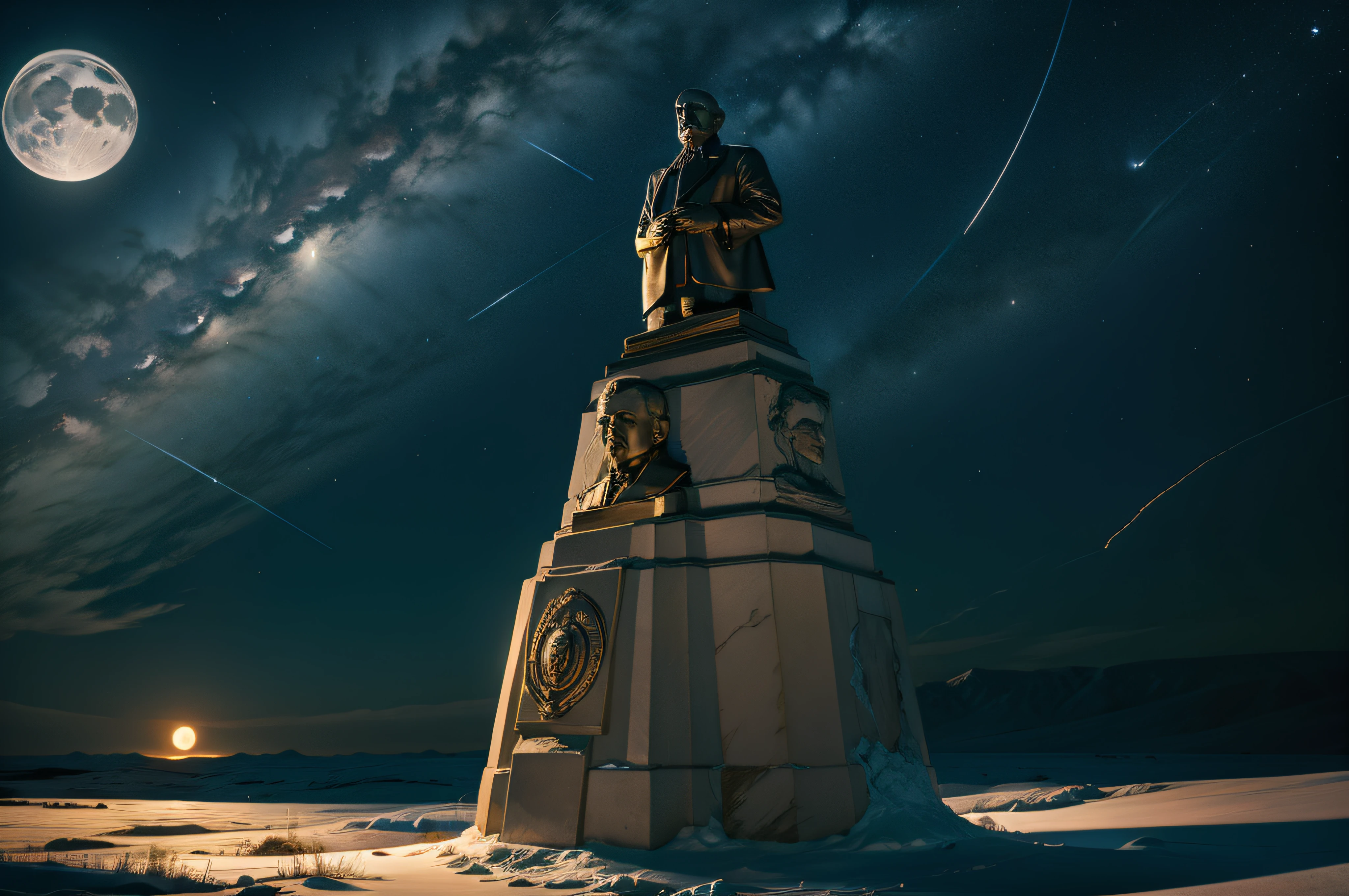 lenin's bust at the pole of inaccessibility, nighttime, moonlight,