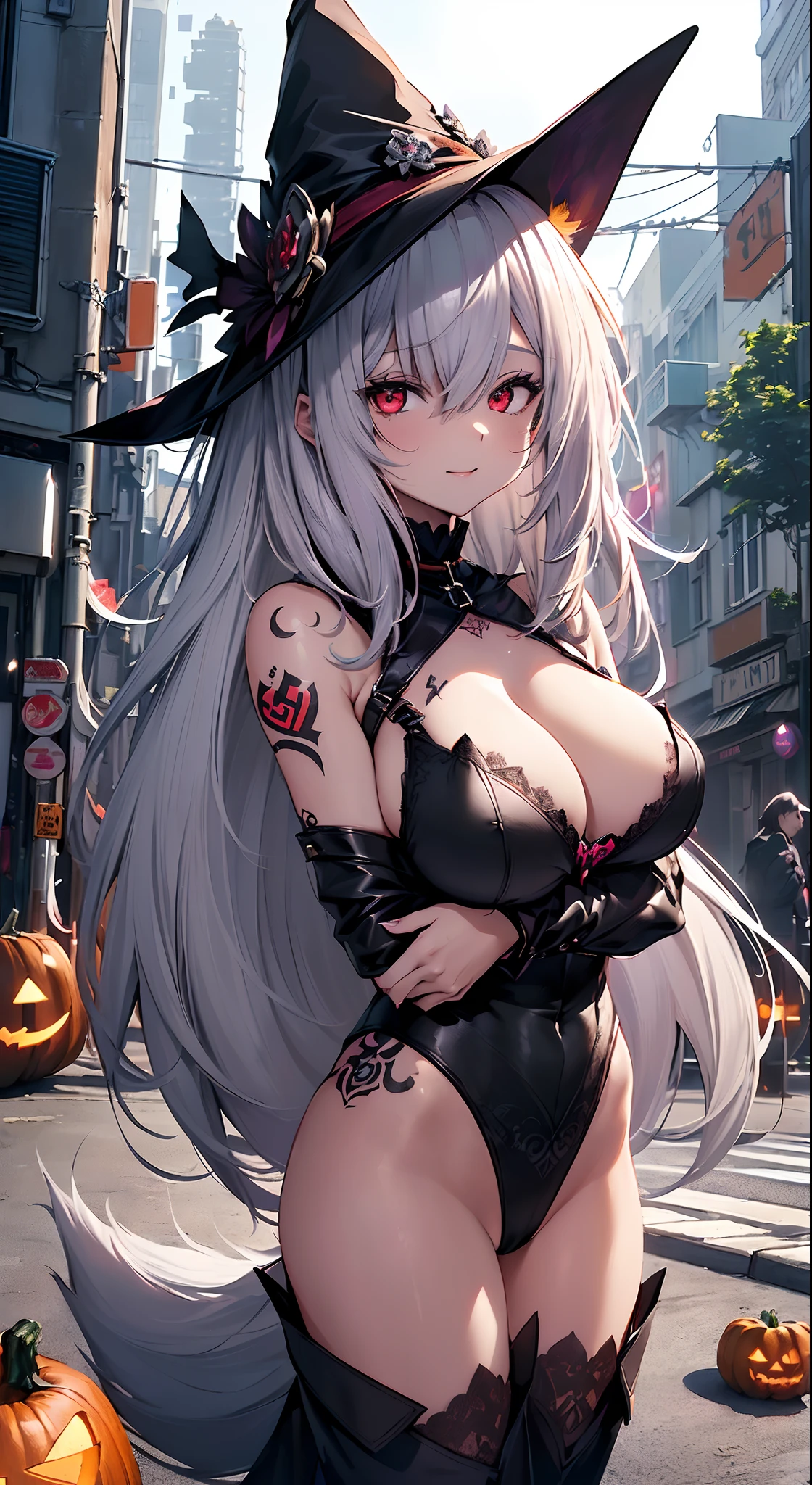 top-quality、Top image quality、in 8K,4K,masterpiece、(NSFW:1.3)、ultra-detailliert、Beautiful、ultra-quality、adult-like、Cool、girl with(((18year old、Halloween Style:1.5、Wolf Maiden:1.2、witch clothing、tail:1.2、discreet breasts、silber hair、a short bob、Red Eyes、Lustrous skin、erotick:1.4、Happiness、The tattoo)))、place々torn:1.4、all-fours:1.4、s ass、hiquality、visualart、Background with((nightcity:1.2))、masutepiece