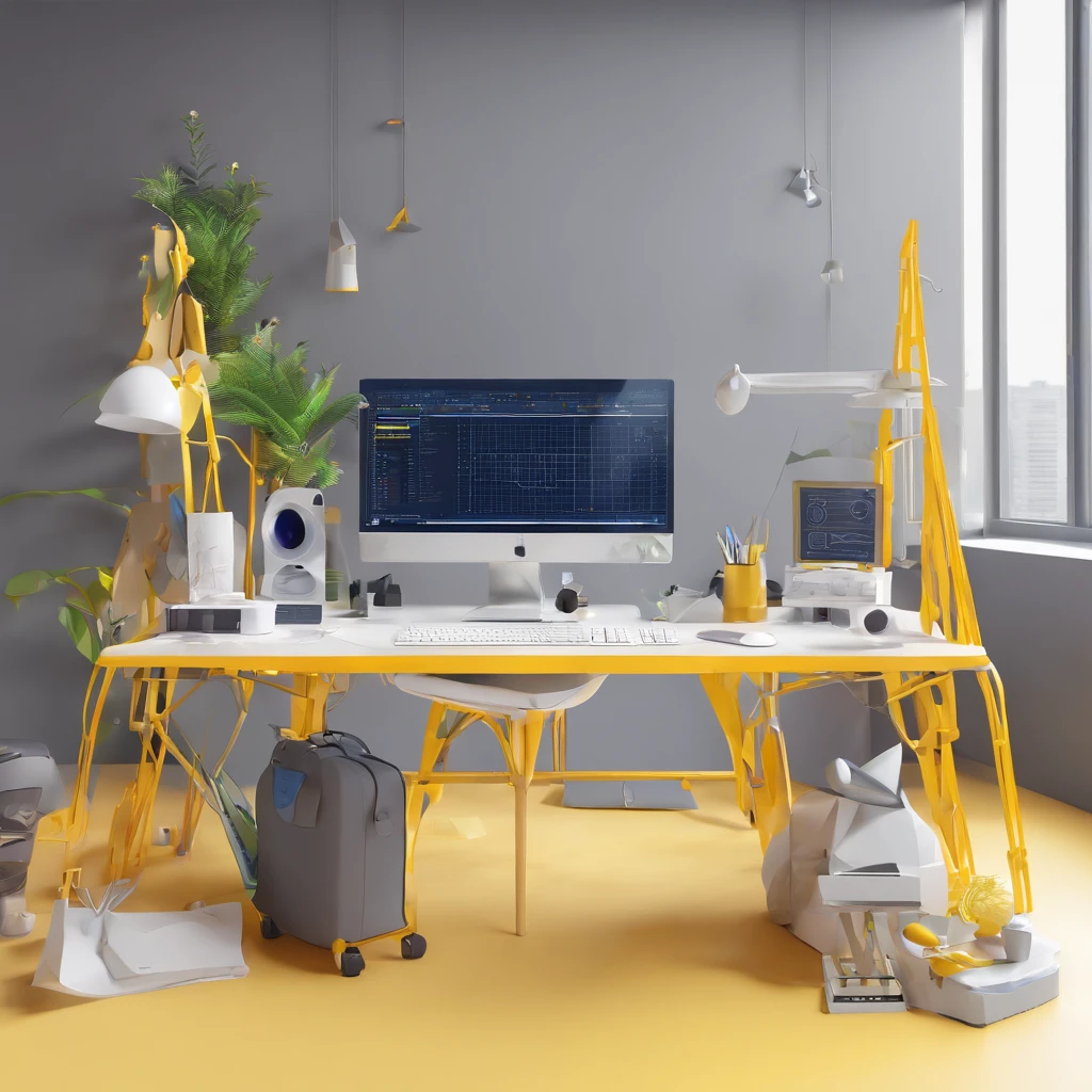 (a web developer working desk in white background), futuristic, simple shading, white background, yellow color, grey color, navy color, white color, headphone, laptop, desk, chair, paper, monitor, laptop, keyboard, low-poly render, cute style, front-top view
