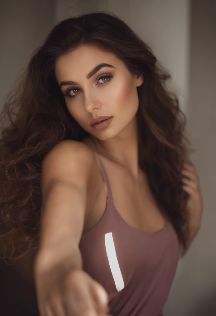 Arafed woman with matching tank top and pants, fille sexy aux yeux bruns, Portrait Sophie Mudd, cheveux bruns et grands yeux, selfie of a young woman, Yeux de chambre, Violet Myers, sans maquillage, maquillage naturel, looking straight at camera, Visage avec Artgram, Maquillage subtil, Superbe photo du corps entier, dans la chambre, clivage, Bonbé buttocks