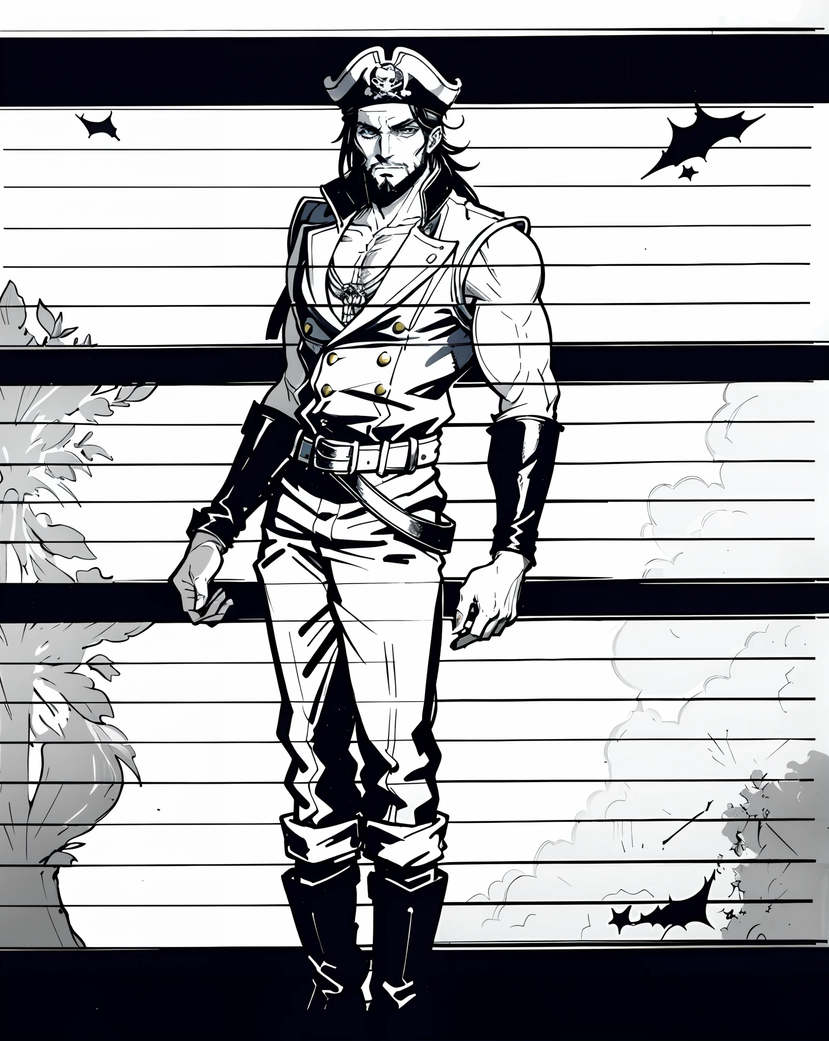 A middle-aged man with long black hair, medium length hair, wears a small round felt hat on his head, he has a cunning and sharp gaze, a beard, a tall and imposing figure, a fantasy-style pirate coat, sleeveless, exquisite stripes, a large skull pattern, has a golden sash around his waist, a leather belt with bone decorations, long gloves with metal ornaments, two-tone utility pants, knee-high leather boots, primarily in shades of black, accented by touches of red and yellow, he stands proudly at the bow of a massive pirate ship, this character embodies a finely crafted fantasy-style pirate in anime style, characterized by an exquisite and mature manga illustration art style, high definition, best quality, highres, ultra-detailed, ultra-fine painting, extremely delicate, professional, anatomically correct, symmetrical face, extremely detailed eyes and face, high quality eyes, creativity, RAW photo, UHD, 8k, Natural light, cinematic lighting, masterpiece:1.5