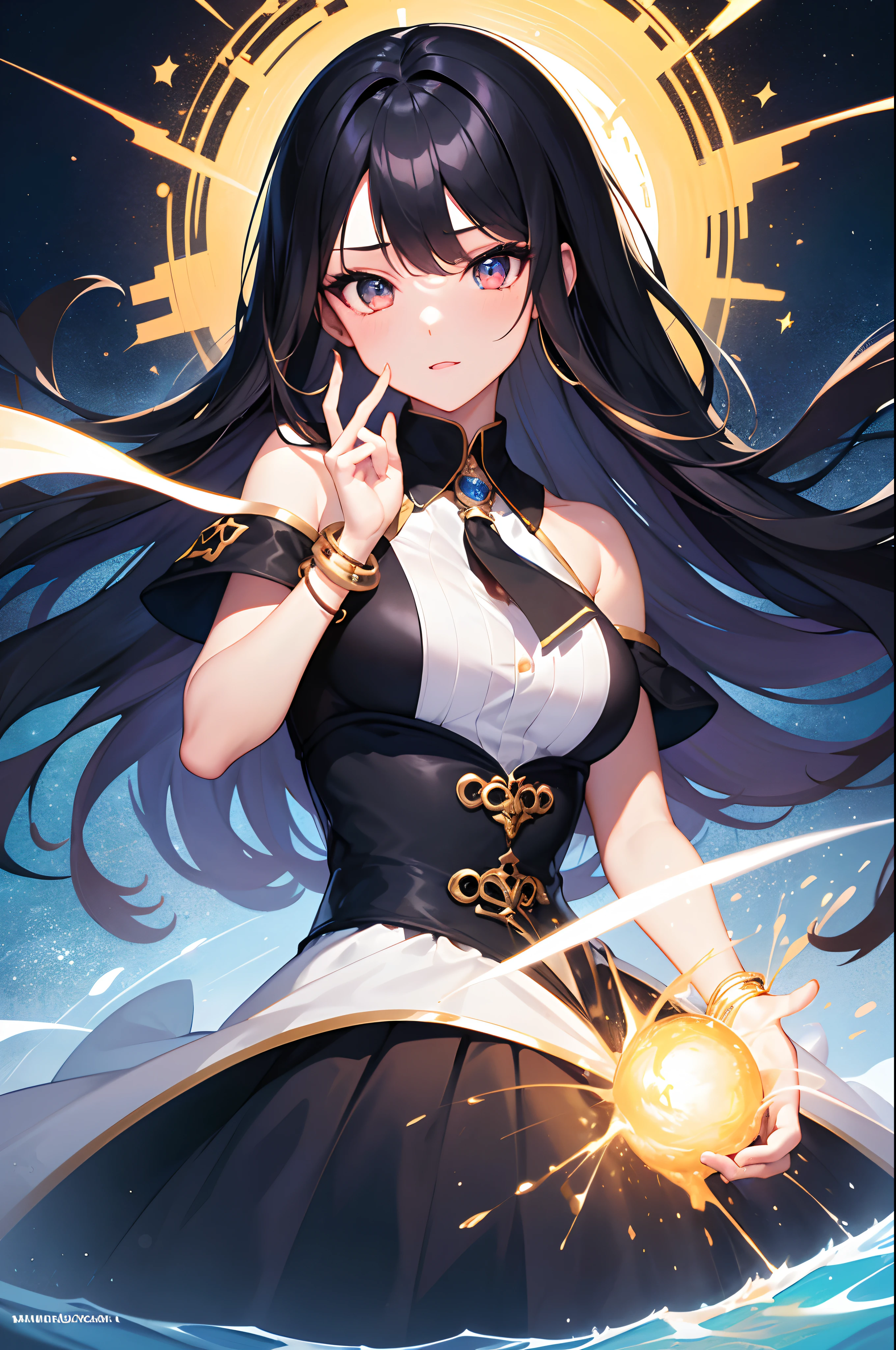 One twenty year old girl, long black hair, using fire water lightning, bluerry background, High Quality Model, magician uniform, dynamique, vibrant, beautifull face, high detail eyes, artwork, nothing absurd, perfect hands and fingers, looking at audiance, nijistyle, golden 3 parts bracelet (masterpiece, highly detailled)