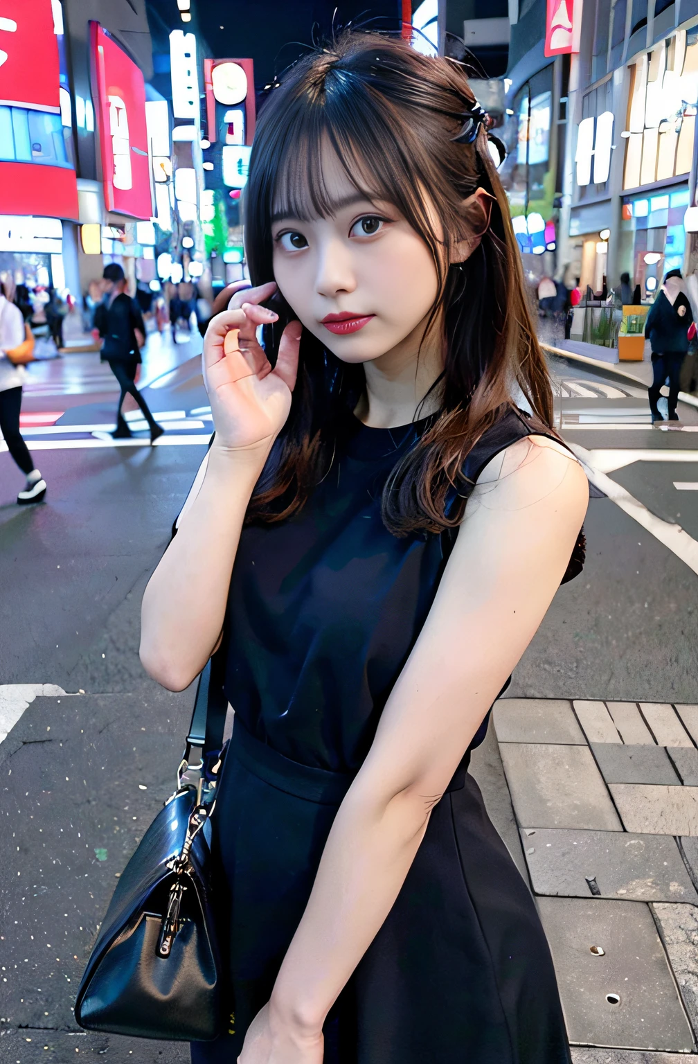 女の子1人、Tokyo Street、natta、A city scape、city light、thighs thighs thighs thighs、beauty legs、Black dress、irate、glares、a cold expression、disgust、withdraw、reaching out her hands(8k、RAW Photography、top-quality、masterpiece:1.2)、(realisitic、photoRealstic:1.37)、