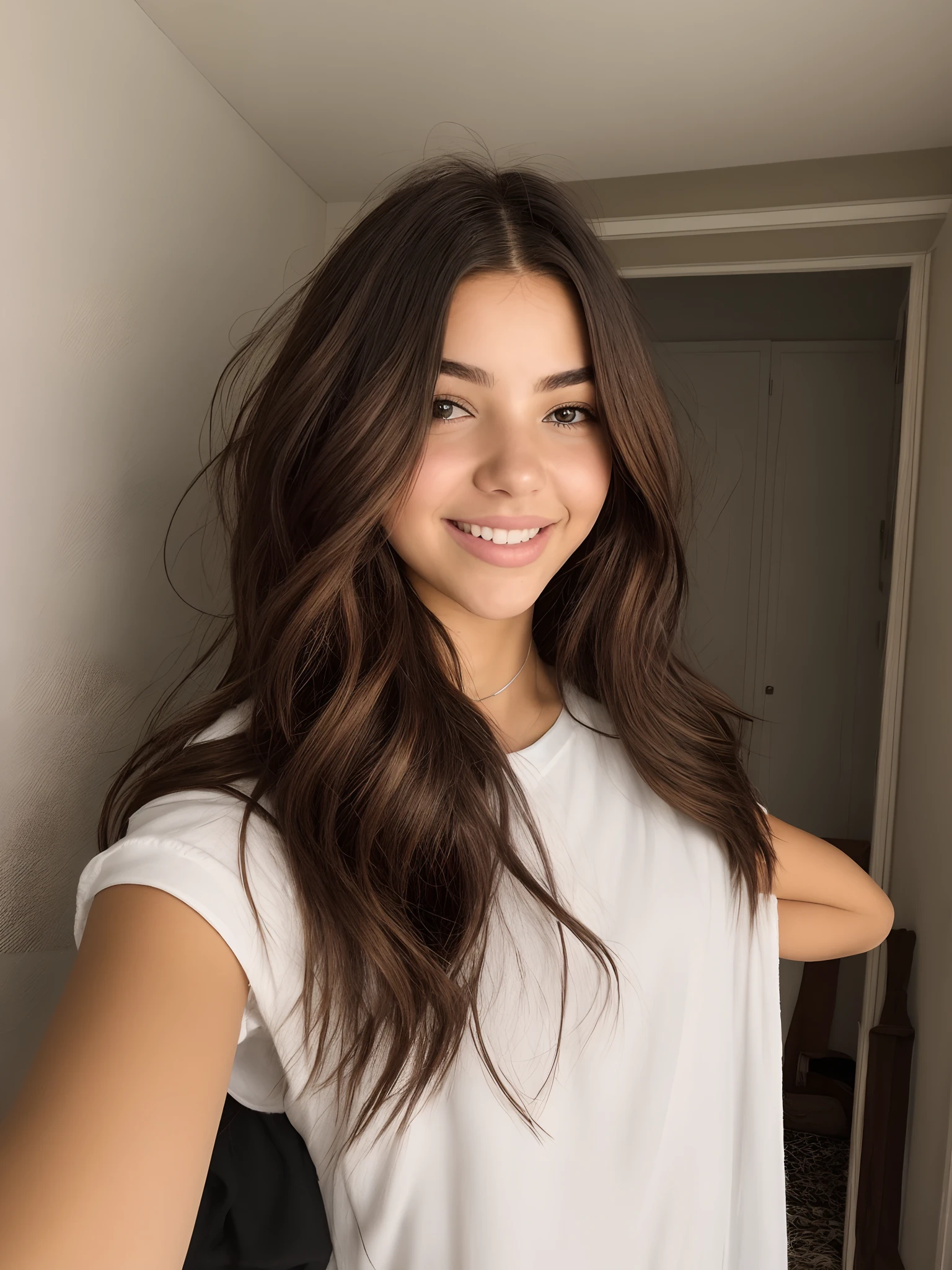 there is a woman that is smiling and posing for a picture, Retrato Sophie Mudd, Isabela Moner, Retrato Emily Ratajkowski, Pokimane, cabelo castanho com franja, Emily Ratajkowski, com cabelos castanhos, cabelos longos de cor castanha, menina com cabelo castanho, longo cabelo castanho bronze brilhante, cabelo longo castanho com franja, long flowing brown hair