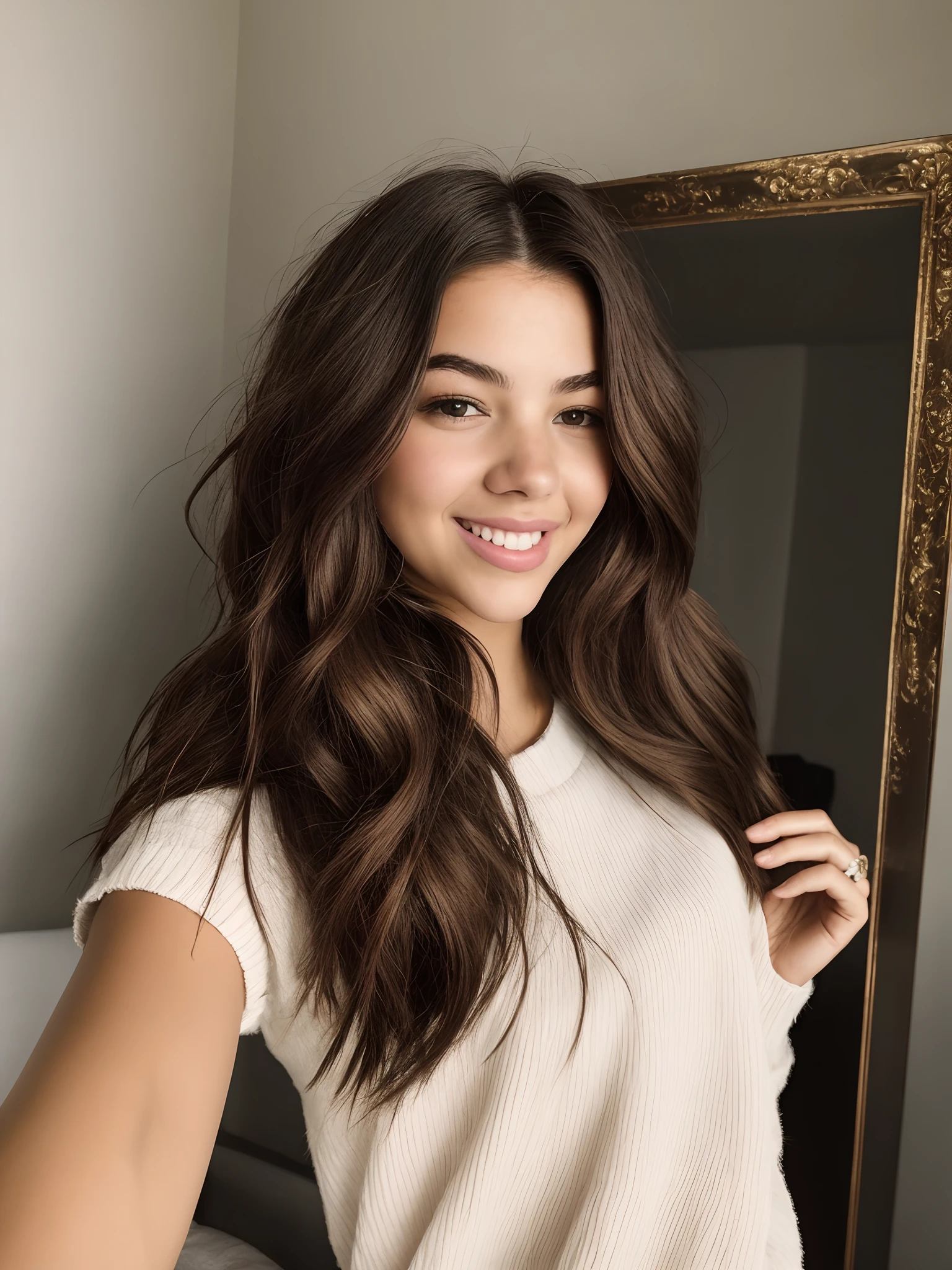 there is a woman that is smiling and posing for a picture, Retrato Sophie Mudd, Isabela Moner, Retrato Emily Ratajkowski, Pokimane, cabelo castanho com franja, Emily Ratajkowski, com cabelos castanhos, cabelos longos de cor castanha, menina com cabelo castanho, longo cabelo castanho bronze brilhante, cabelo longo castanho com franja, long flowing brown hair