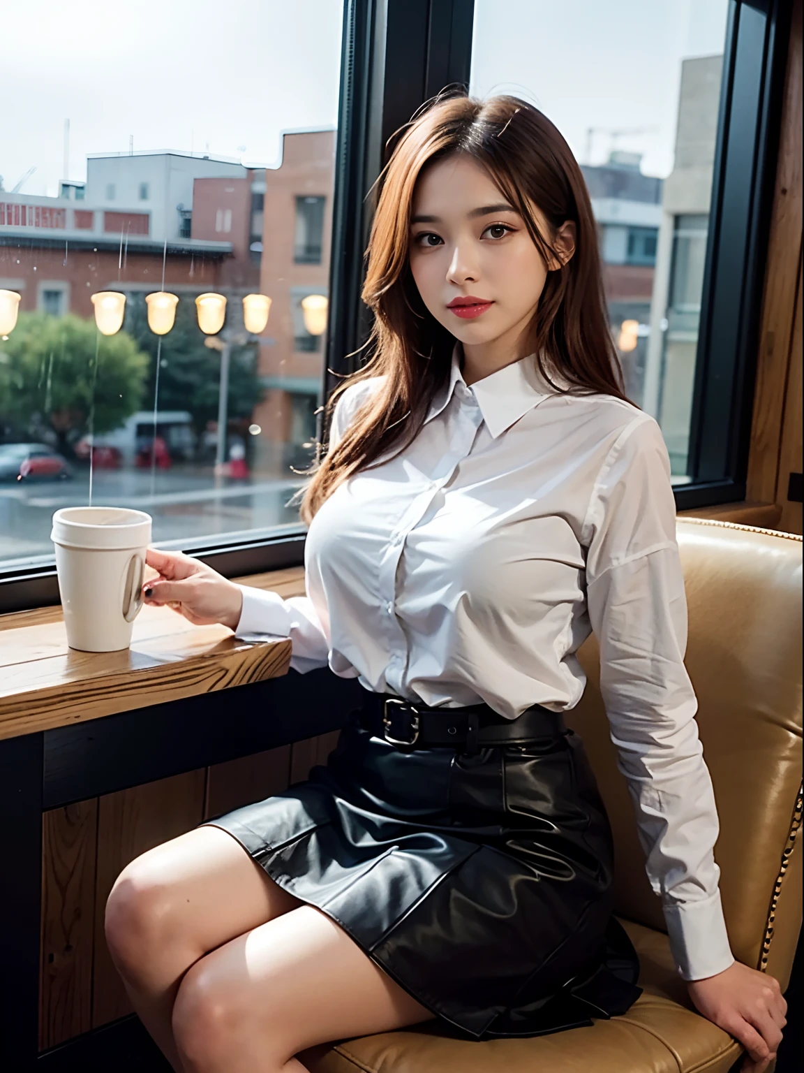 top-quality, masterpiece,high-detail, 16k image, school girls sit by the window in a café, holding warm coffee cups, engaged in delightful conversation with friends. Beyond the window, rain falls softly, and city lights create a beautiful spectacle. Capture their smiles and the beauty of rain through the window., Medium bob hair,Light brown beautiful hair, beautiful eyes of light brown, plump big breasts, Constricted waist, White open collar blouse, pleatedskirt,