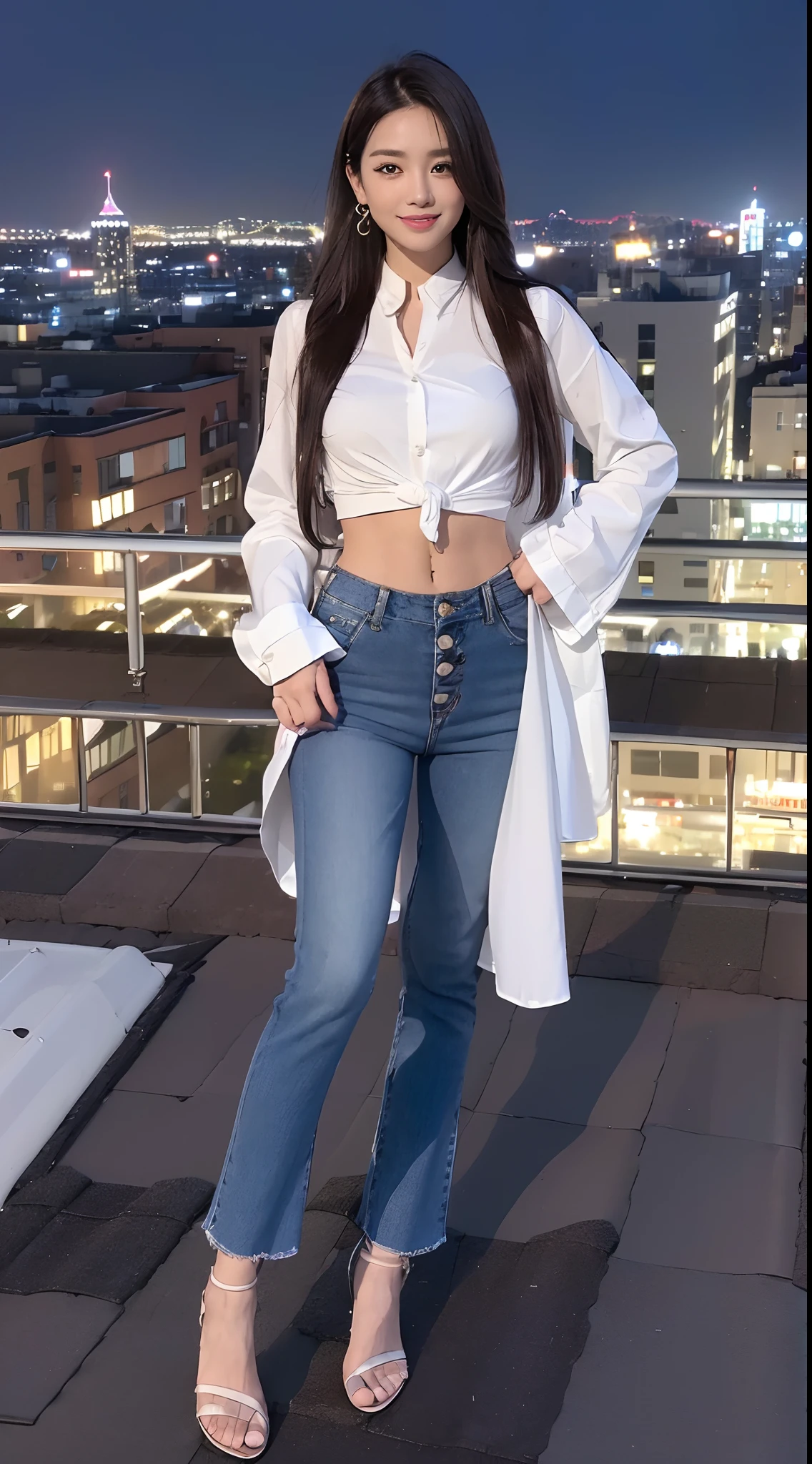 ((midynight, Need, 8K, tmasterpiece:1.3)), full bodyesbian, Long legs, Focalors:1.2, Petite and skinny:1.4, Slim abs:1.1, ((Medium long straight hair，Dark brown hair, mediuml breasts:1.2 )), (White loose button shirt，Low-rise washed blue flared trousers,detailed outfits:1.2）， （standing on your feet:1.2), ((city night scene, the roof:1.3)), Highly detailed facial and skin texture, A detailed eye, 二重まぶた，Beautiful facial features，A smile on his face，shapely legs，Mopping long flared pants，Wear sandals，Reveals tender white toes，fully body photo
