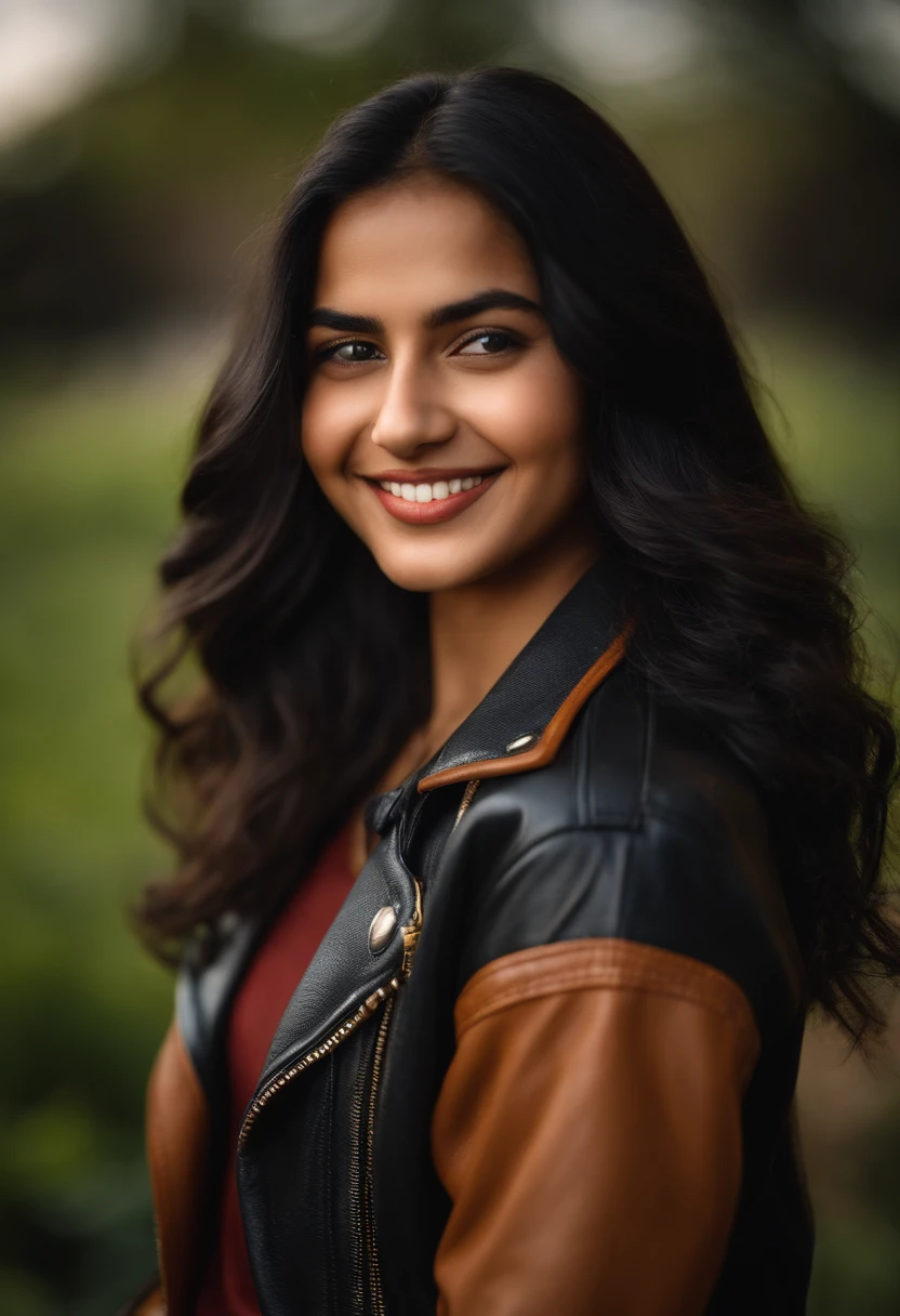 smiling woman with long black hair and a leather jacket, half onesided smile, with a beautifull smile, portrait of a young teenage girl, 7 0 mm portrait, shot on sony a 7, 🤤 girl portrait, mid shot portrait, indian girl with brown skin, 50mm portrait, shot on canon eos r5, shot on canon eos r 5