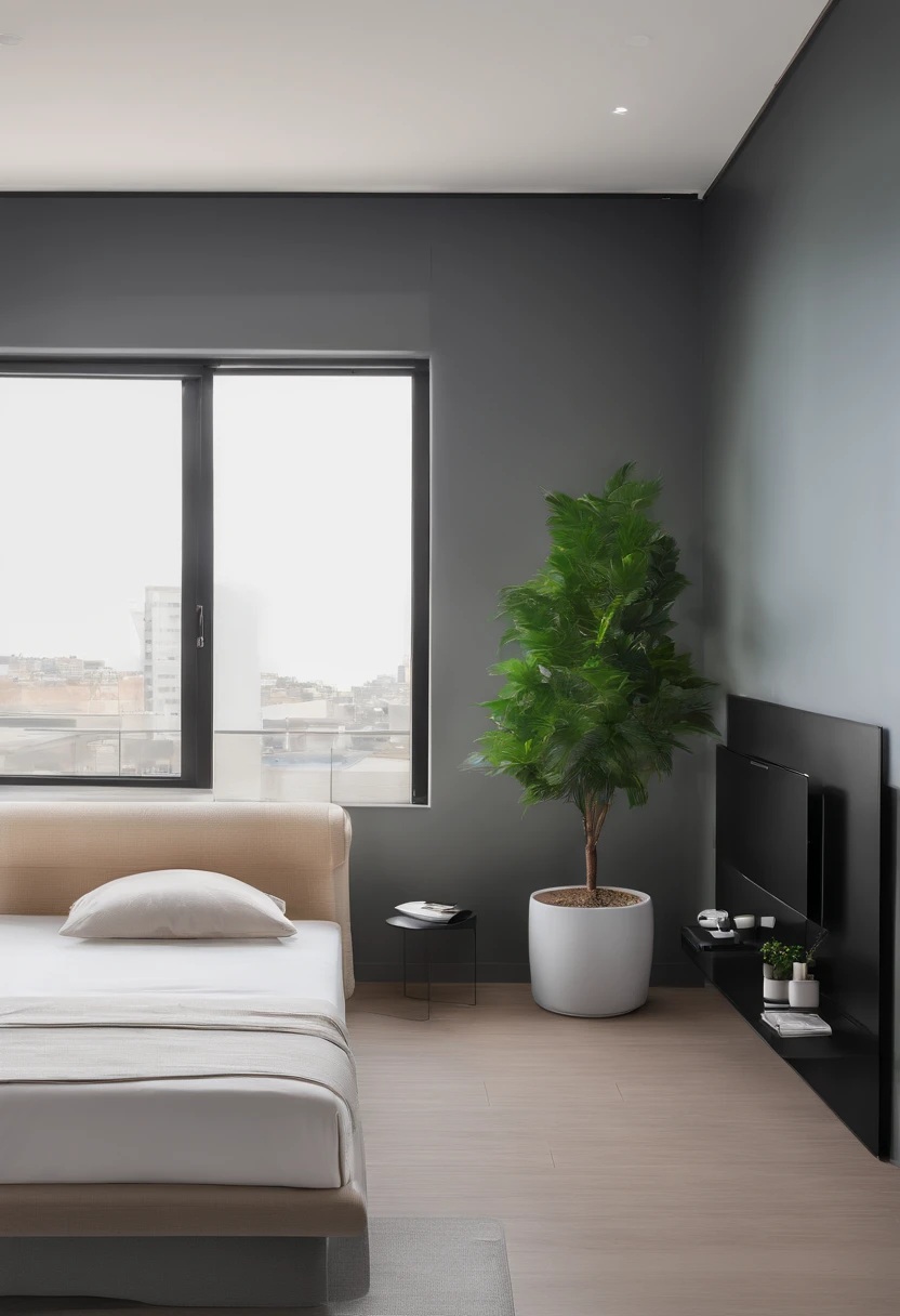 bedroom, gdmint luxury modern interior design, luxury, modern,(Minimalist:1.2), natural light, lamp, black tile floor, bedside table, large glass door, potted plant, main dark color, RAW photo, Masterpiece, high quality, best quality, ultra super realistic, super detailed, 8k high quality, detailed, colorful analog photo, masterpiece, photorealistic, vibrant color film, masterclass, heavy (film grain),