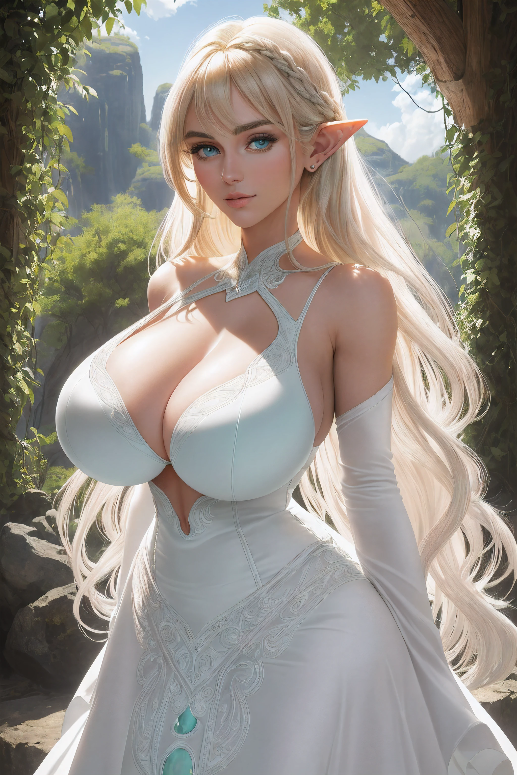 (Ultra Quality,Unparalleled Masterpiece:1.4)Ultra-Detailed CG,4K(Ultra-Detailed Clear Absurdly-Vivid Mint Big Eyes:1.2)Gorgeous Round Detailed Face(Voluptuous:1.4)Elf(Gigantic Breasts:1.8)(Voluminous Long Blonde Hair: 1.4)ADULT(Bangs, Sidelocks:1.2)Seductive(intricately detailed white dress:1.3)(Zelda)(Celestine Lucullus: 1.2)(Solo:1.4)(1Girl: 0.5)(Facing Viewer:1.2)(arms behind back:1.4)(Cowboy Shot:1.2)(from above:1.1),Skindentation(Curvaceous:1.4)(Curvy:1.4)(Bimbo: 1.4)(Normal Waist: 1.2)(Thick Lips: 1.3)small-nose(light smile: 1.2)Rocks,Trees, Plants,Bush,(long Pointy Ears:1.3)((gigantomastia))((macromastia))(((ridiculously large breasts)))(((((enormous breast)))))(absurdly huge breasts:1.5)sagging breasts,venusbody