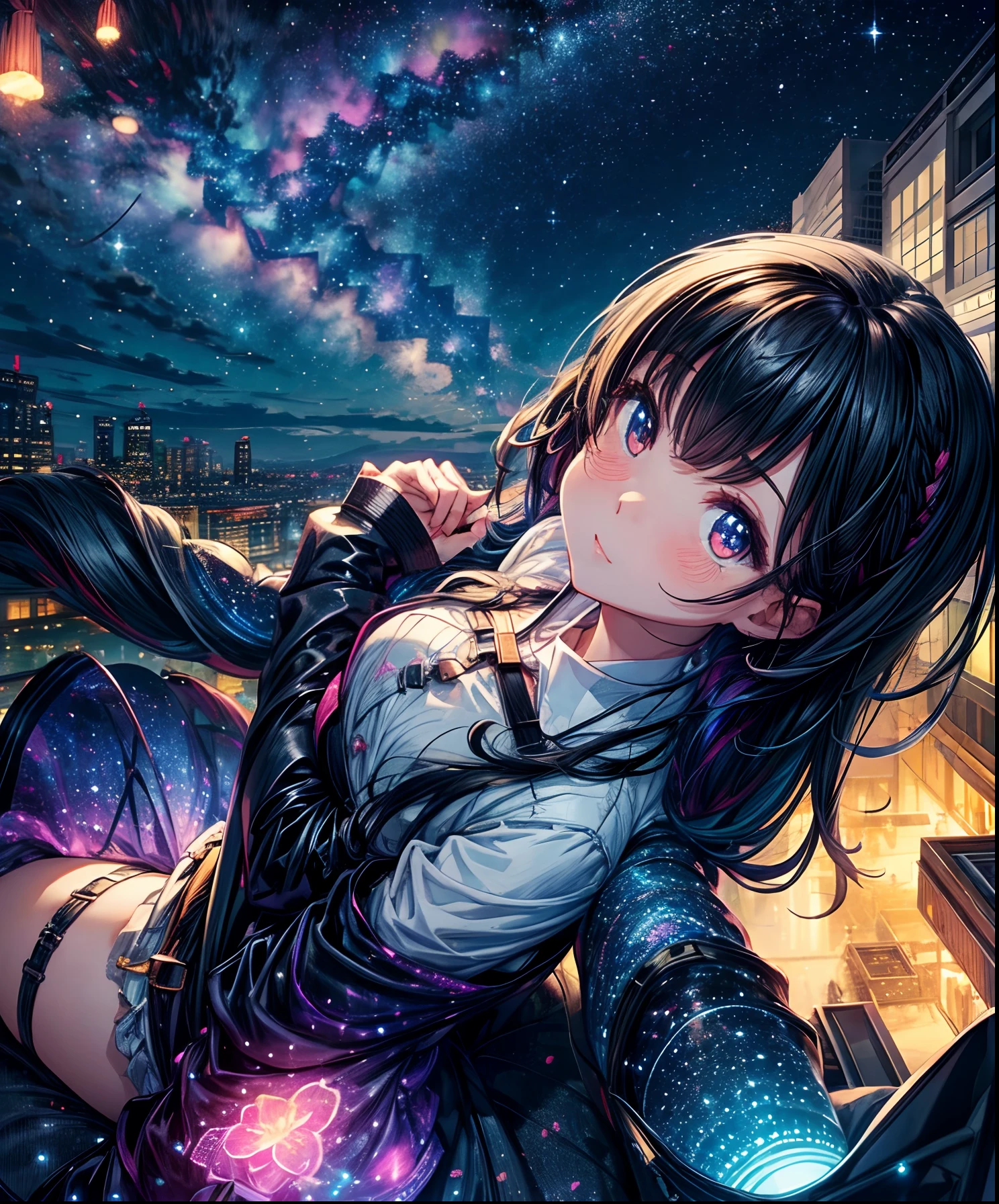 Cute girl characters、 Night view from a high place、Drawing a large number of skyscrapers, Looking up at the starry sky. Surround her with colorful nebulae and colorful metropolis.