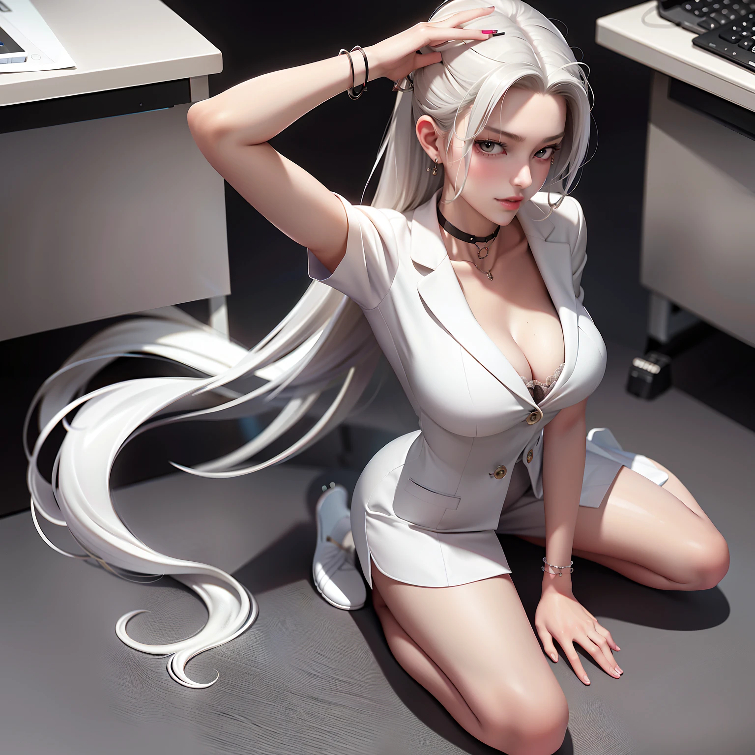 best qualtiy,Full body like,Cinema lenses,Refined face,pretty face,20yo woman,ssmile,slimfigure,medium chest circumference,Office president white petticoat,Delicate and gorgeous white blazer,Office wear,Beth,interior scenes,office room,Open the collar,Expose cleavage,Raised sexy,nipple bump,tit,vacuum,耳Nipple Ring,choker necklace,Stretch meat,choker necklace,耳Nipple Ring,Beautiful and meticulous office