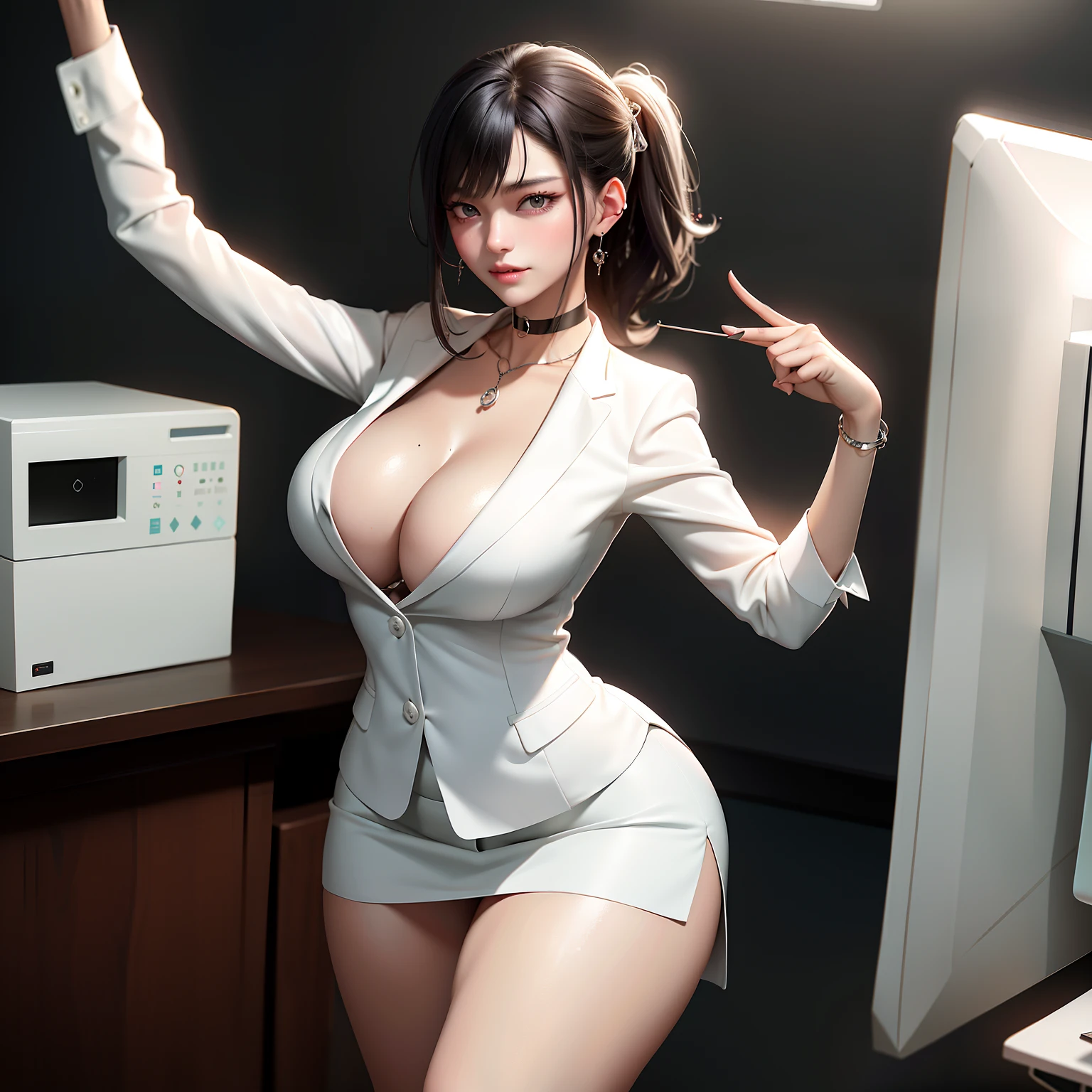 best qualtiy，Full body like，Cinema lenses，Refined face，pretty  face，20yo woman，ssmile，slimfigure，medium chest circumference，Office president white petticoat，Delicate and gorgeous white blazer，Office wear，Beth，interior scenes，office room，Open the collar，Expose cleavage，Raised sexy，nipple bump，tit，vacuum，耳Nipple Ring，choker necklace，Stretch meat，choker necklace，耳Nipple Ring，Beautiful and meticulous office