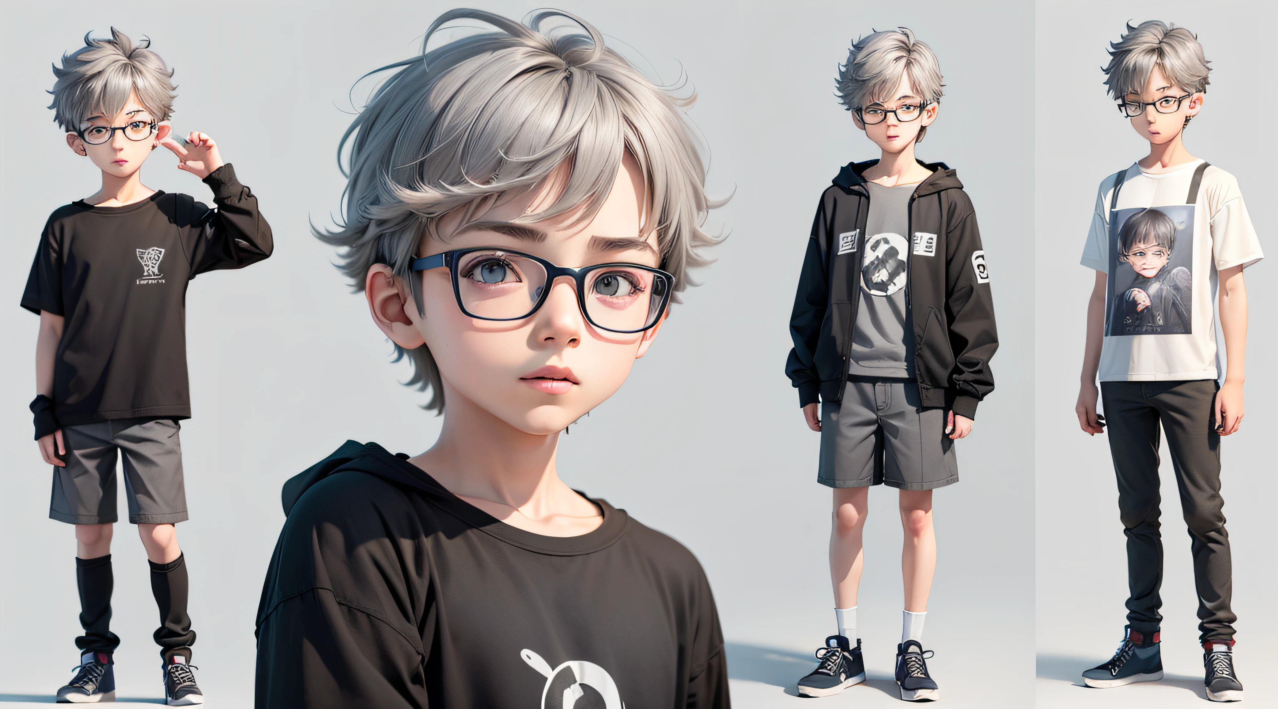 gray youth boy character, multiple poses and expressions, 4 poses, full body, children's book illustration style, simple, cute, artist, full color, 3d model, light and shadow, gray clothes, wear glasses, flat color, white background.