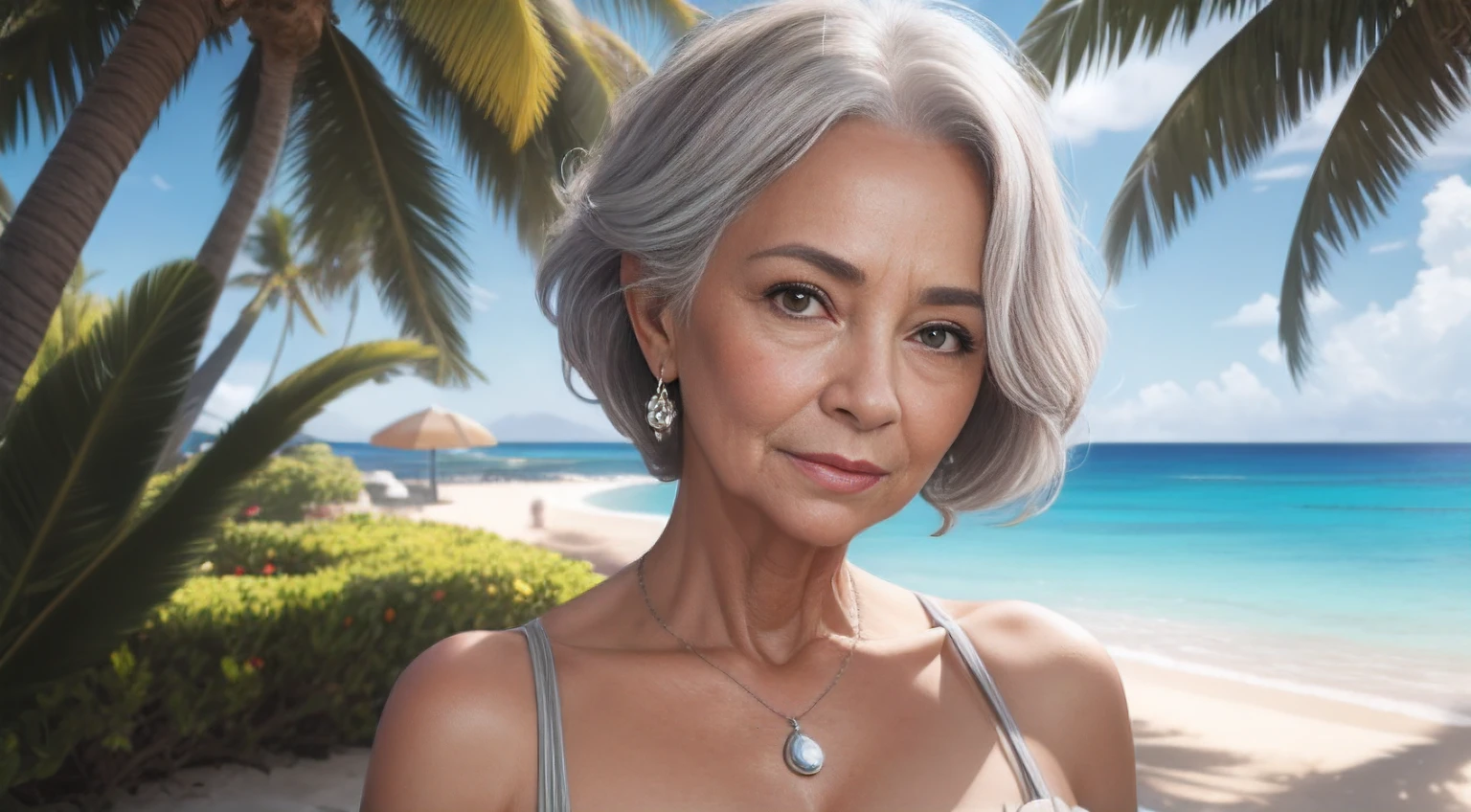 portrait of a 65-year-old woman with gray hair, seductive gaze,a bunch of grey hair on top, brown eyes, a lot of wrinkles on her face, detailed wrinkles (8K, high resolution、The ultra -The high-definition、An ultra-high picture quality、Ultrarealistic、Best Quality、masuter piece:1.2)(small chest) small breasts are exposed, clearly visible pubic shape, partially visible breasts, eyes visible through hair, proper eye position, soft light, hips, detailed color graded background, intricate, highly detail, octane render, HD, 8k, beautiful villa on an island, palm trees and ocean in the background, sandy beach, tropics, sunny weather, light summer dress with a pronounced neckline, small breasts, translucent dress