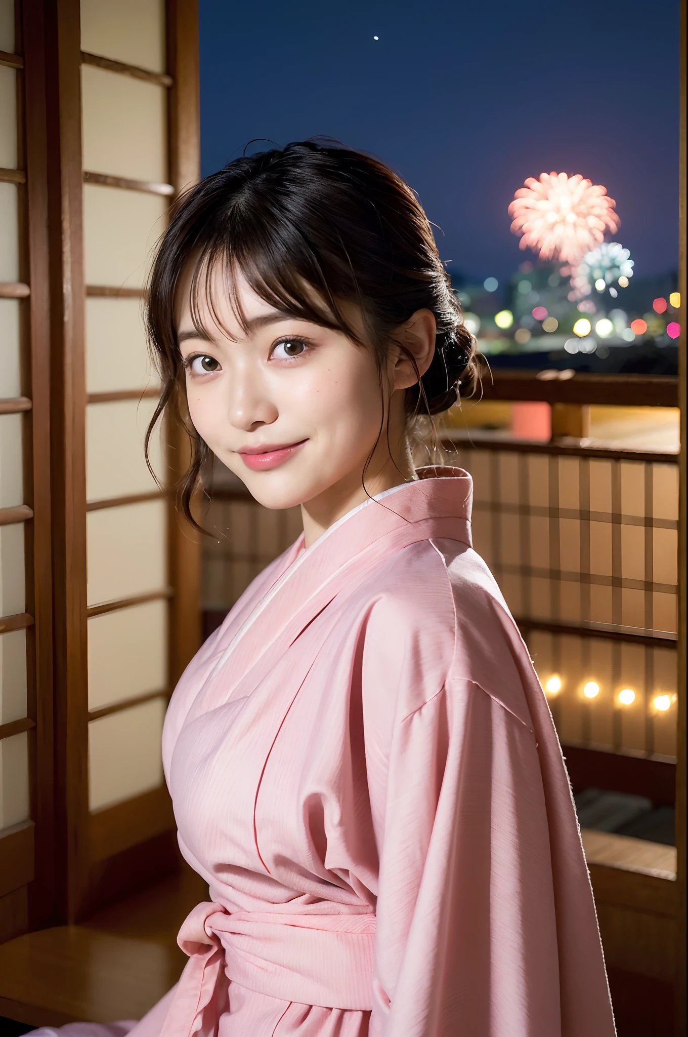(natta:1.7), East Asian Architecture, 1womanl,Sitting on tatami mats, brunette color hair,(hair between eye), Lip flap, ,Beautiful fingers,Beautiful long legs,Beauty Body,Cute nose,Beautiful character design,perfect eyes,face perfect,looking at viewert,(Innocent_Big_Eyes:1.0),(light_Smile:0.3),offcial art,Very detailed CG Unity 8K wallpaper,Perfect litthing,highly colorful,Bright_front_Face_Lighting,(tmasterpiece:1.0),(best_quality:1.0), 超A high resolution, nffsw, hight resolution, absurderes:1.2, Kodak Portra 400, film grains, the background is blurred, Bokeh:1.2, Lens Flare Glow, ( Vibrant_Color:1.2) (Beautiful,Large_breasts:1.4), (Beautiful_Face:1.5),(narrow_waist-up),8K,Raw photo, 、Relax at a ryokan in Japan、(Girls are not subjects:1.3) (Hair after a bath:1.3),(Hair is wet:1.3) ((Girls are not subjects:1.2)),(((Yukata does not need gloss at all:1.5))),((No need for a Korean yukata or Korean-style hairstyle.:1.5)),((Faithfully and realistically reproduce a pure Japan yukata:1.5))((Light Pink Band:1.3)),((The background is the entrance living room、At night, Overlooking the inn's large and beautiful gardens..:1.3)),((8th class))、((Light Pink Band:1.5)) ((Beautiful straight semi-long:1.5)) sixteen years old、((Beautiful straight semi-long:1.5))((Pink Band))、((The color of the yukata is pink:1.3),(Faithfully and realistically reproduce the obi of a yukata:1.3) ((Faithfully and realistically reproduce a pure Japan yukata:1.5)),((Walking through the corridors of the inn at night:1.3))((Background width and depth:1.3)),Night Hostel There are small lights and flowers in the hallway. (When the window is fully open, Beautiful fireworks can be seen outside.:1.3) sixteen years old、((Beautiful straight semi-long:1.5))((Window lattices must be large、Faithful and accurate reproduction of Japan windows:1.5))((When the window is fully open、You can see beautiful night fireworks.)) ((Faithfully reproduces the dark pink yukata obi:1.3)) (Colossal tits)((Open window completely、Admire