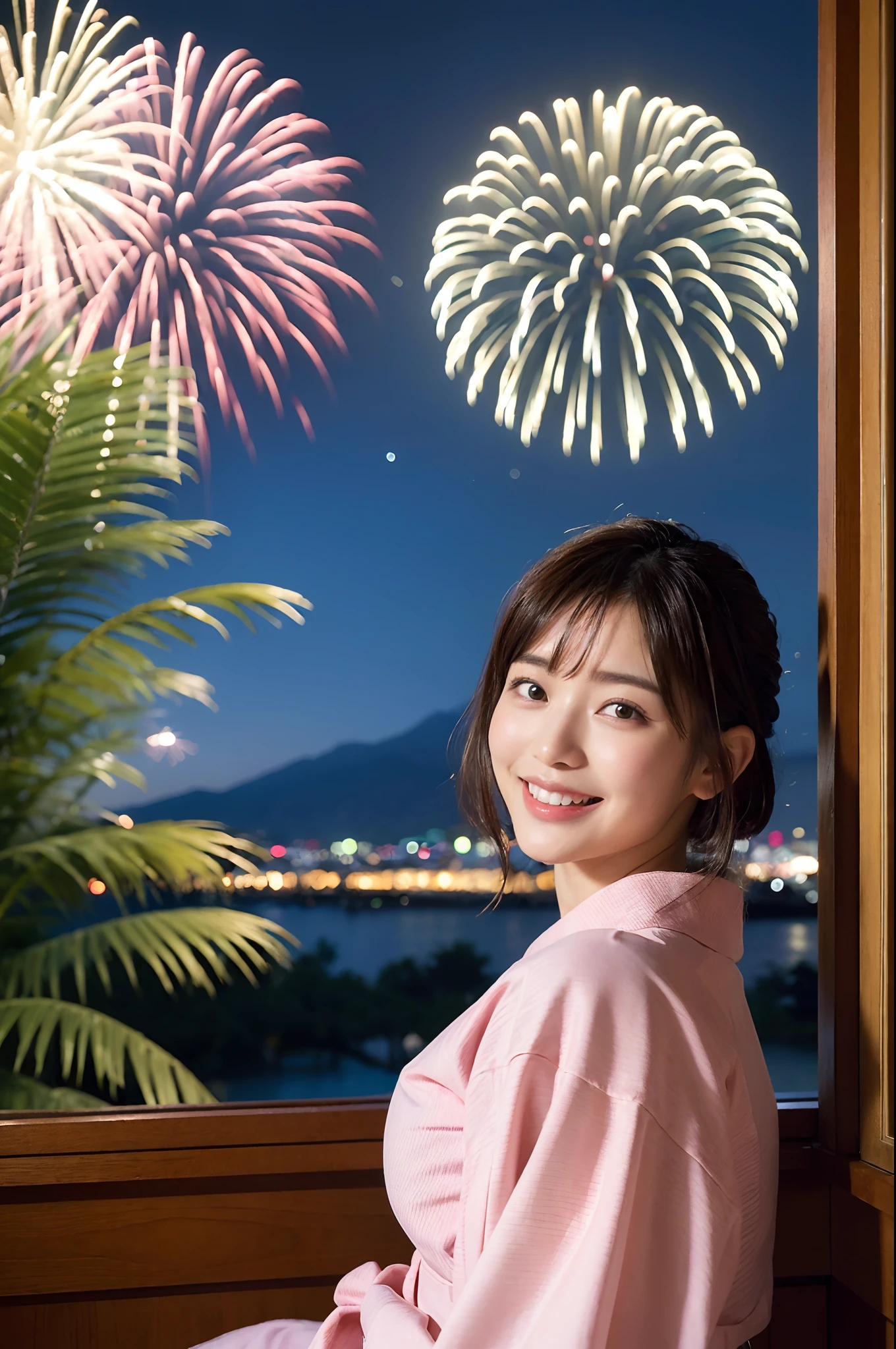 (natta:1.7), East Asian Architecture, 1womanl,Sitting on tatami mats, brunette color hair,(hair between eye), Lip flap, ,Beautiful fingers,Beautiful long legs,Beauty Body,Cute nose,Beautiful character design,perfect eyes,face perfect,looking at viewert,(Innocent_Big_Eyes:1.0),(light_Smile:0.3),offcial art,Very detailed CG Unity 8K wallpaper,Perfect litthing,highly colorful,Bright_front_Face_Lighting,(tmasterpiece:1.0),(best_quality:1.0), 超A high resolution, nffsw, hight resolution, absurderes:1.2, Kodak Portra 400, film grains, the background is blurred, Bokeh:1.2, Lens Flare Glow, ( Vibrant_Color:1.2) (Beautiful,Large_breasts:1.4), (Beautiful_Face:1.5),(narrow_waist-up),8K,Raw photo, 、Relax at a ryokan in Japan、(Girls are not subjects:1.3) (Hair after a bath:1.3),(Hair is wet:1.3) ((Girls are not subjects:1.2)),(((Yukata does not need gloss at all:1.5))),((No need for a Korean yukata or Korean-style hairstyle.:1.5)),((Faithfully and realistically reproduce a pure Japan yukata:1.5))((Light Pink Band:1.3)),((The background is the entrance living room、At night, Overlooking the inn's large and beautiful gardens..:1.3)),((8th class))、((Light Pink Band:1.5)) ((Beautiful straight semi-long:1.5)) sixteen years old、((Beautiful straight semi-long:1.5))((Pink Band))、((The color of the yukata is pink:1.3),(Faithfully and realistically reproduce the obi of a yukata:1.3) ((Faithfully and realistically reproduce a pure Japan yukata:1.5)),((Walking through the corridors of the inn at night:1.3))((Background width and depth:1.3)),Night Hostel There are small lights and flowers in the hallway. (When the window is fully open, Beautiful fireworks can be seen outside.:1.3) sixteen years old、((Beautiful straight semi-long:1.5))((Window lattices must be large、Faithful and accurate reproduction of Japan windows:1.5))((When the window is fully open、You can see beautiful night fireworks.)) ((Faithfully reproduces the dark pink yukata obi:1.3)) (Colossal tits)((Open window completely、Admire