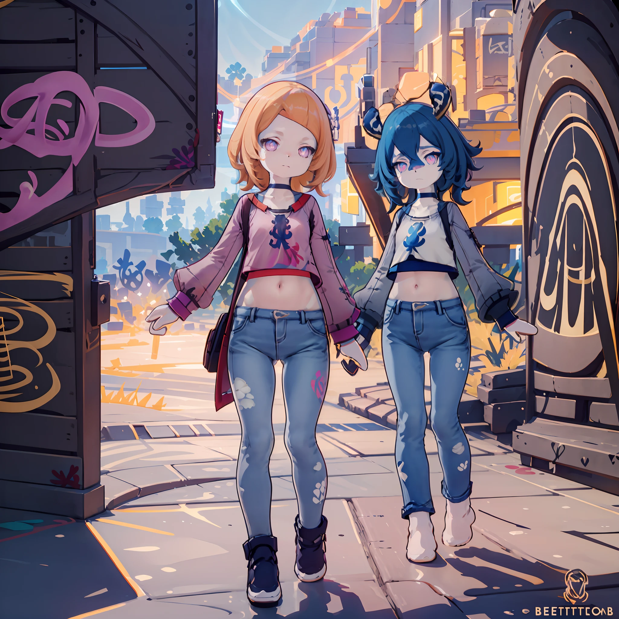 Melousine | genshin impact, master-piece, bestquality, 1girls,25 years old, proportional body, elongated legs, proportional., crop top, Long Jeans, mediuml breasts, ,bara, crop top, choker, (Graffiti:1.5), Splash with purple lightning pattern., arm behind back, against wall, View viewers from the front., Thigh strap, Head tilt, bored, 10, 10, HD,