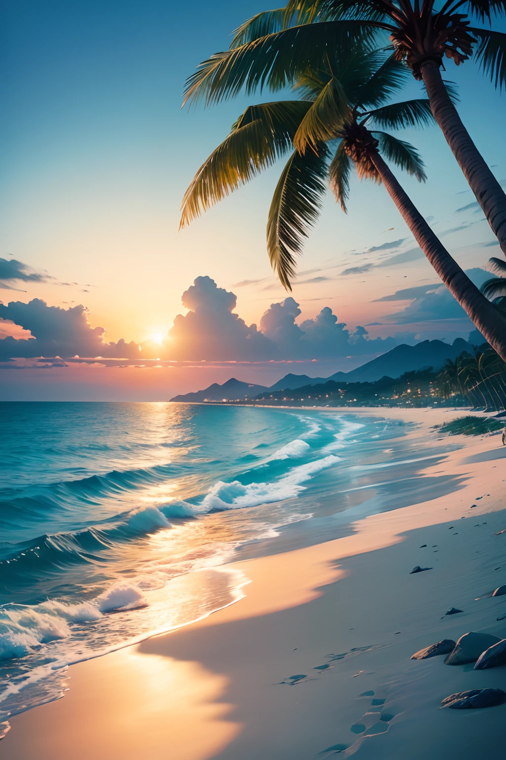 (best quality,4k,8k,highres,masterpiece:1.2),ultra-detailed,(realistic,photorealistic,photo-realistic:1.37),landscape photography,white sandy beach,turquoise ocean,blue sky,coconut palm trees,sunlight reflection on the water,crystal clear water,gently crashing waves,sandy shore,seashells scattered on the beach,vivid colors,relaxing atmosphere,serene and peaceful ambiance,soft breeze,rays of sunlight filtering through the palm leaves,calm and tranquil seascape,paradise-like scenery,seagulls flying in the distance,distant islands on the horizon,unspoiled natural beauty,varied shades of blue,coastline stretching for miles,endless horizon,inviting and tempting waves,sun-kissed sand,barefoot walking on the beach,warm and golden sunset,serenity captured in a photograph,serene getaway destination.