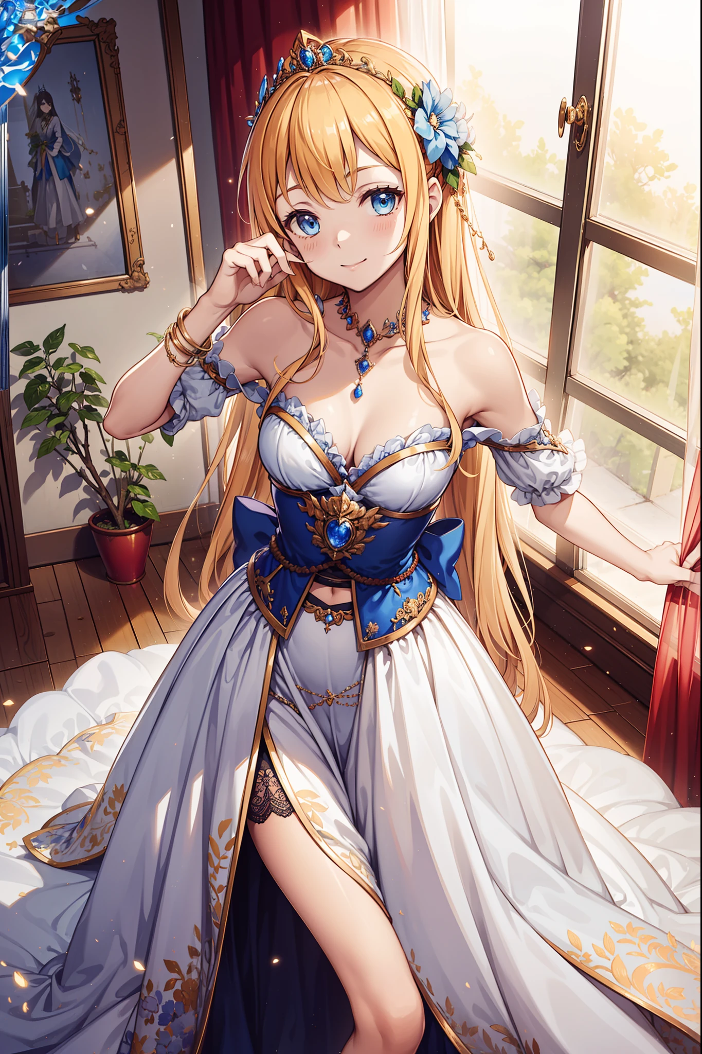 solo person，teens girl，Enchanted，A princess，having fun，Being in love，Seductive pose,(Western-style white dress)，(blond hairbl)，(eBlue eyes)，(Gold pattern)，(A small amount of sky blue cloth),Delicate princess tiara，super ultra detail，Ruffles，Lace，jewel embellishment，Floral decoration，the bow，detailed bedroom，best qualtiy，tmasterpiece，A high resolution