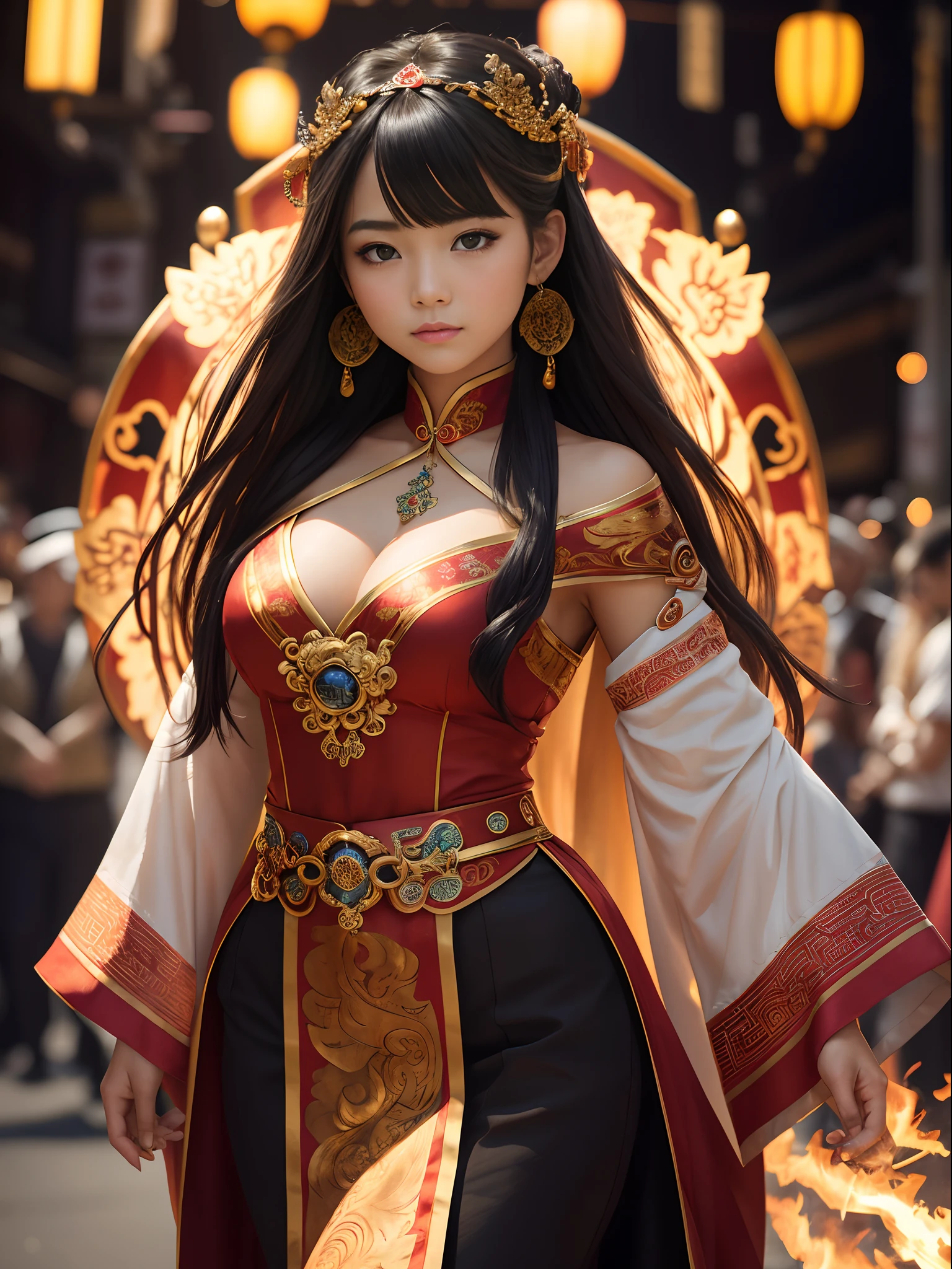 Fire, Yohuoshu, ((best quality)), ((masterpiece)), (detailed), 1girl, Perfect Body, 18 years old, small breast, portrait of a girl with small breasts who is a fire bender and has a phoenix pet. Her face is exquisitely detailed, with captivating and gorgeous eyes that draw you in. She is dressed in a vibrant Chinese festival outfit, adorned with intricate details and adorned with flower patterns. The outfit is complemented by elegant earrings and jewelry, adding to her enchanting appearance. As she walks through Harajuku, the atmosphere is cinematic and splendid, with neon lights illuminating the surroundings and creating a bokeh effect. The background is intentionally blurry, emphasizing the focus on the girl and her captivating presence. Her flowing hair cascades down, seemingly glowing and catching the light, while flames dance around her, symbolizing her fire bending abilities. The scene is further enhanced by the presence of a lion dance, adding an element of cultural celebration and vibrancy. Fireworks burst in the sky, adding a sense of excitement and spectacle. The level of detail in the artwork is hyper-detailed, ensuring that every aspect of the composition is intricately rendered. Camera angle: A medium close-up shot captures the girl's face and upper body, emphasizing her striking features and the intricate details of her outfit. The camera angle is slightly tilted to add dynamism and enhance the cinematic feel of the scene, Haircut model by Curtain bangs, possed is Shoulder forward pose, sharp black, shooting angle is Rim lighting shot, time is Golden Hour, colored hair is Iridescent rainbow hair,
BREAK,
hyper realistic, intricate design, insanely detailed, extremely fine details, Extremely sharp lines, cinematic lighting, Photo realistic, a detailed painting by Esao Andrews and Anton Fadeev, Raw photo, high detailed, 8k, UHD, dslr, softlighting, HDR, warm light, high quality, film grain, fujifilm XT3, photorealistic, masterpi