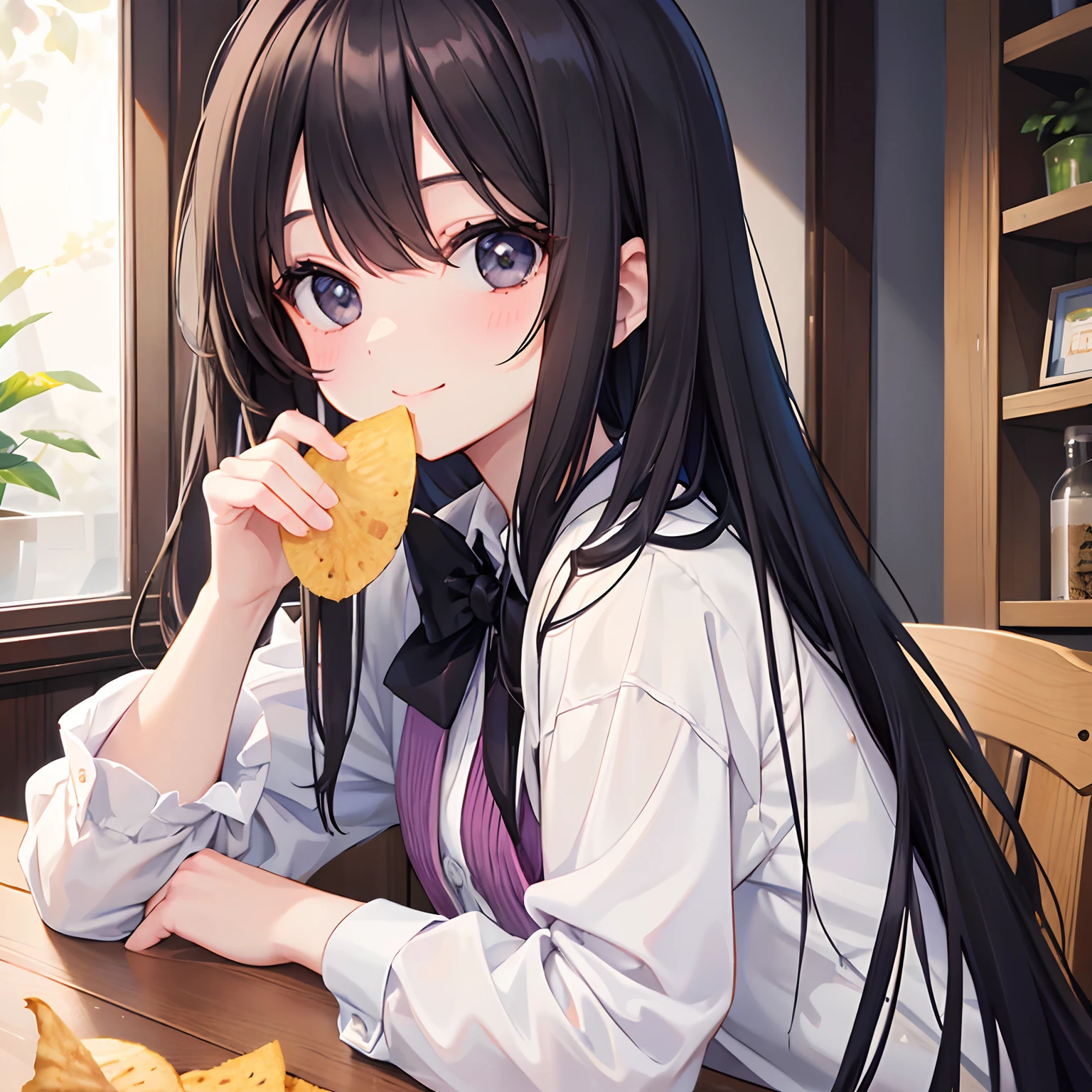 girl with、1 persons、Dark hair、Black eyes、length hair、A smile、Home、The table、Eat 1 potato chip