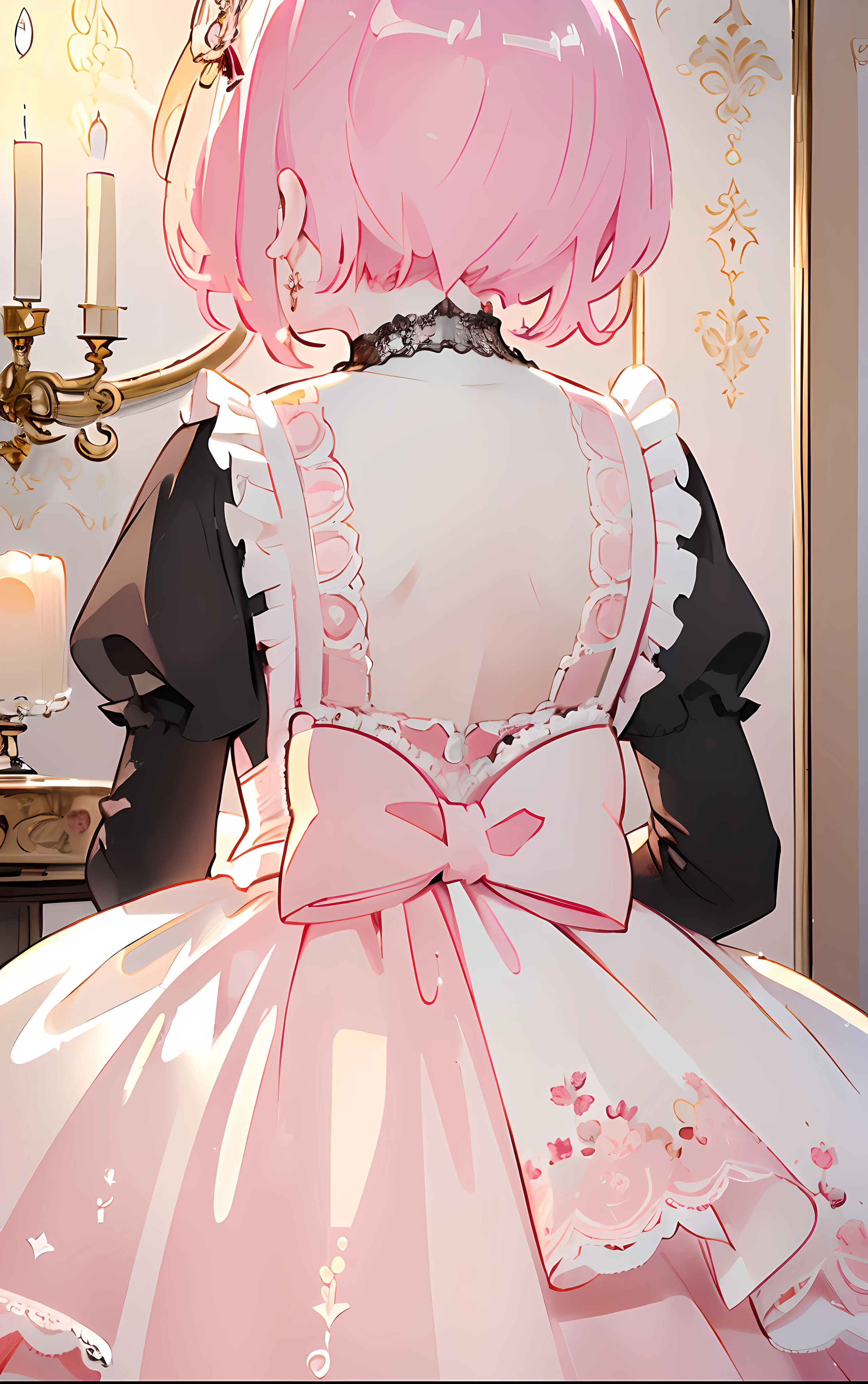 (Masterpiece:1.2), Best quality, A high resolution, Original, (Extremely detailed:1.2), Ultra-detailed, the wallpaper, Perfect lighting,(Extremely detailed CG:1.2), 8K, 1girl, Solo, short hair, (lolita fashion:1.23), pink dress, shiny fabrics, From behind, rear angle, Close-up,cute Anime style