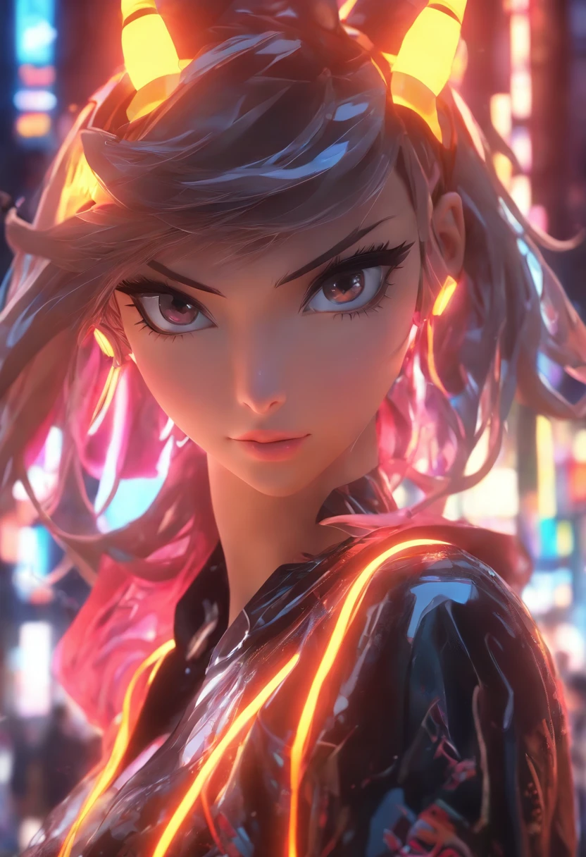 Anime - Stylistic image of a woman in a dress and a leather jacket, Use headphones, photorealistic anime girl rendering, CG art soft anime, Realistic 3D anime style, anime big breast. Soft lighting, Realistic anime art, Digital anime art, Detailed digital anime art, 4K anime style, advanced digital anime art, seductive anime girls, anime styled digital art, 3d anime style,Overall prominence,Sexy theme,Sense of seduction,sci-fy
