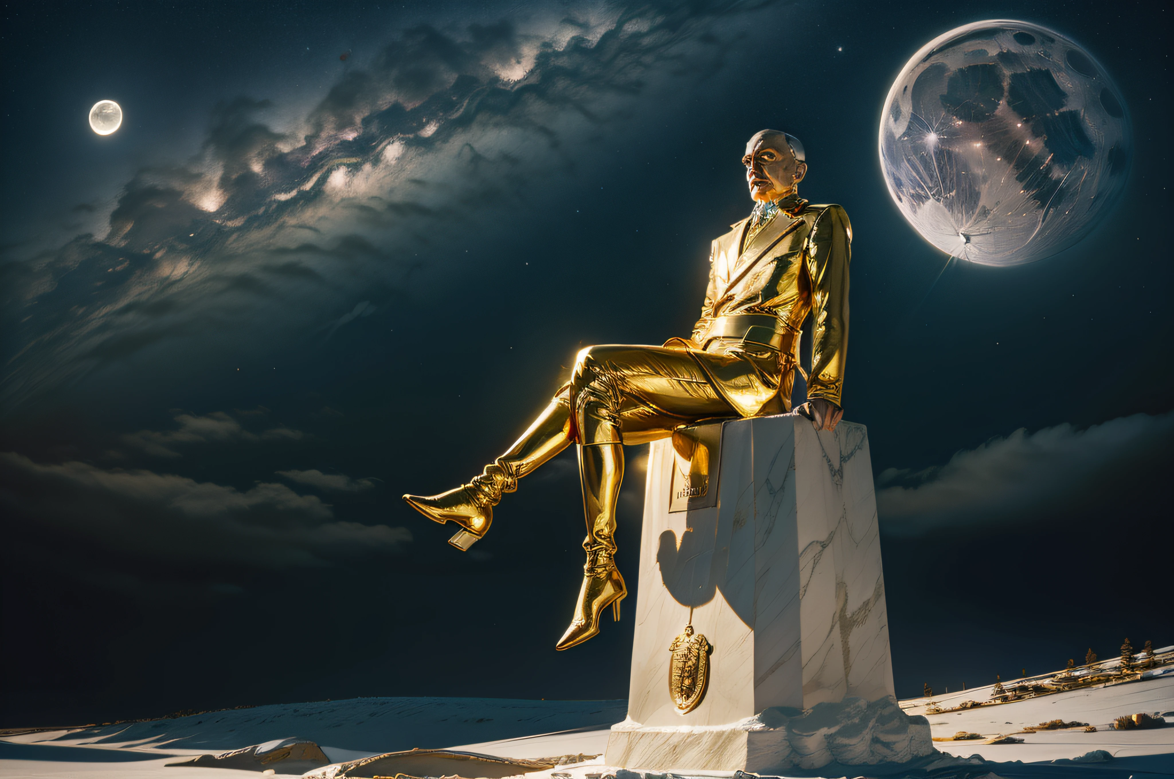 gold bust of lenin at the pole of inaccessibility, sitting on a marble plinth with copper embossed writing, nighttime, moonlight,