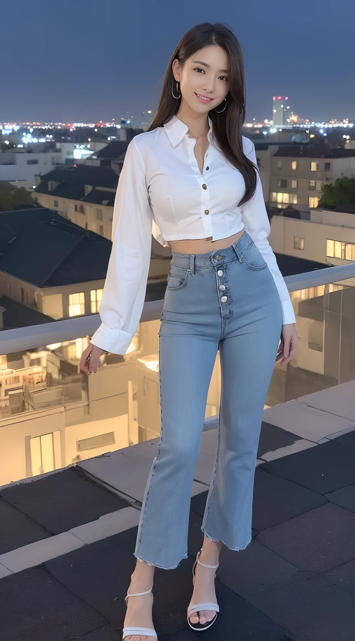 ((midynight, Need, 8K, tmasterpiece:1.3)), full bodyesbian, Long legs, Focalors:1.2, (150)Short beautiful ,Petite and skinny:1.4, Slim abs:1.1, ((Medium long straight hair,Dark brown hair, mediuml breasts:1.2 )), (White loose button shirt,Low-rise washed blue flared trousers,detailed outfits:1.2), (standing on your feet:1.2), ((city night scene, the roof:1.3)), Highly detailed facial and skin texture, A detailed eye, 二重まぶた,Beautiful facial features,A smile on his face,shapely legs,Mopping flared trousers,Wear sandals,Reveals tender white toes,fully body photo