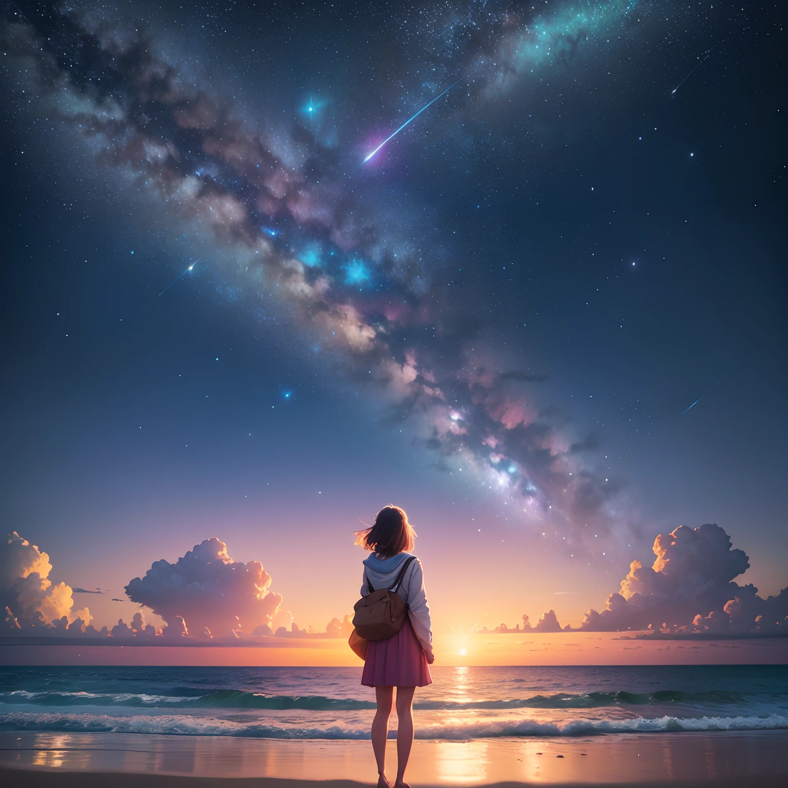 Vast landscape photos(Beautiful girl standing on the beach looking up at the starry sky)(zoomed:1.1), (Meteor swarm:1.2), (comets:1.1), low angles, Alora, shooting stars, top-quality, masterpiece, clouds, colourfull, Beaches in Southeast Asia, 夏天, seaview, Small island々、anime style illustration