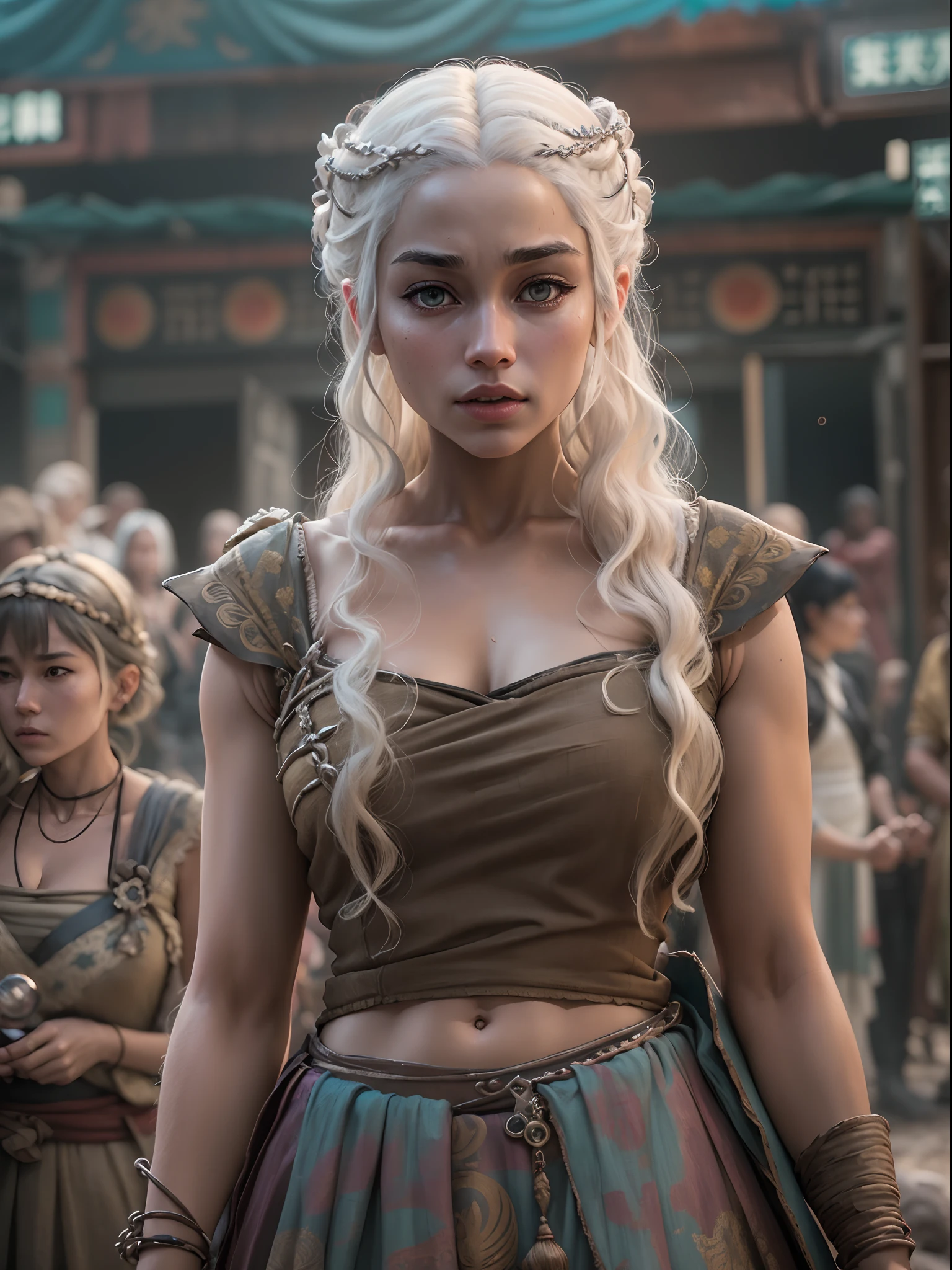 ((Best quality)) , ((Masterpiece)) , (Detailed) , unity engine, Line-of-sight level lens from the original Heisei era (Daenerys Targaryen) , Directing episodes, Dressed in shabby acid color Lehenga, Geek wallet, Spooky Barrett, nevando, equirectangular 360, Evil, Vaporpunk, Nostalgic lighting, 35mm, Kodachrome, 8K resolution
