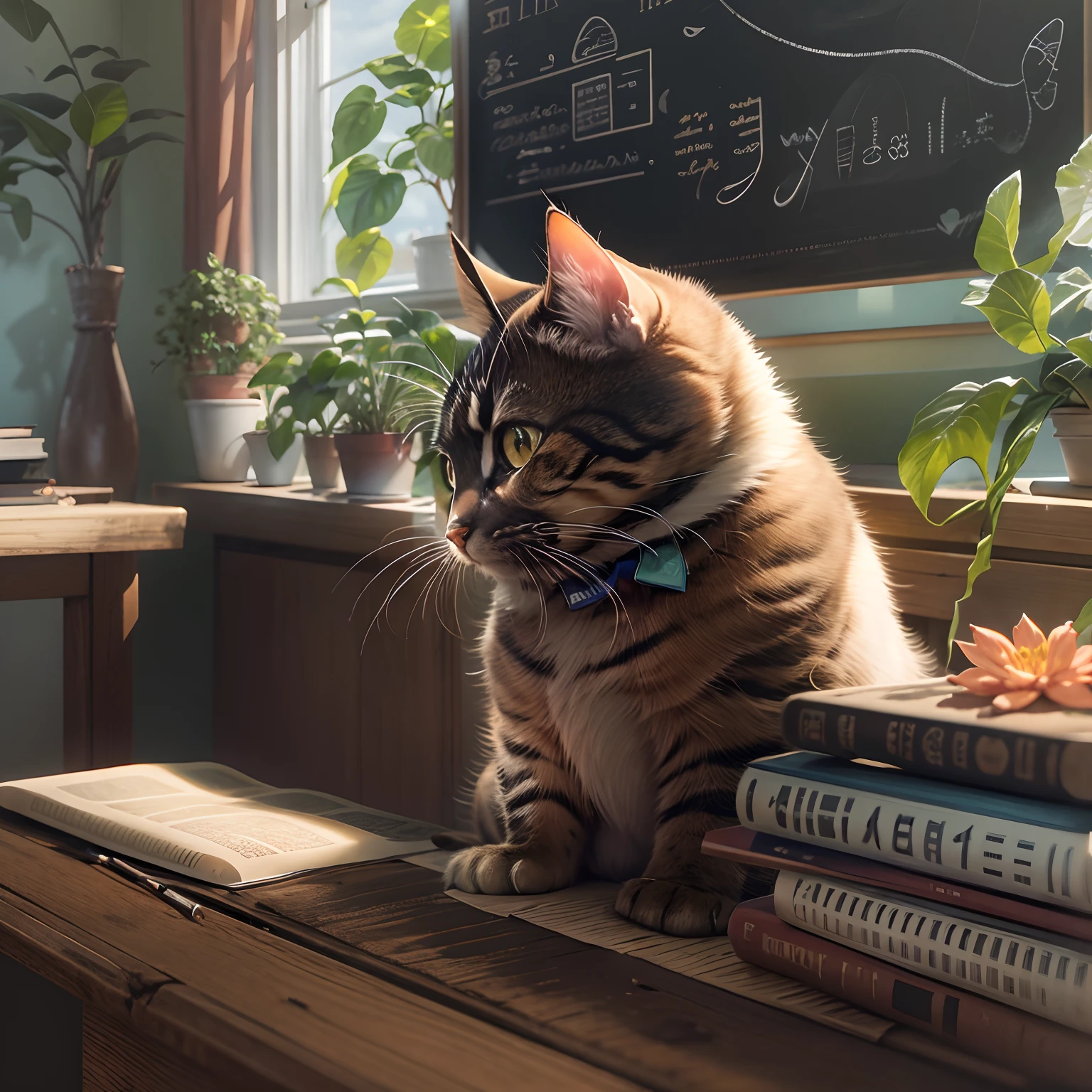 Round-eyed cat sitting in class class, There is a blackboard, a plant, Sunlight outside the window
